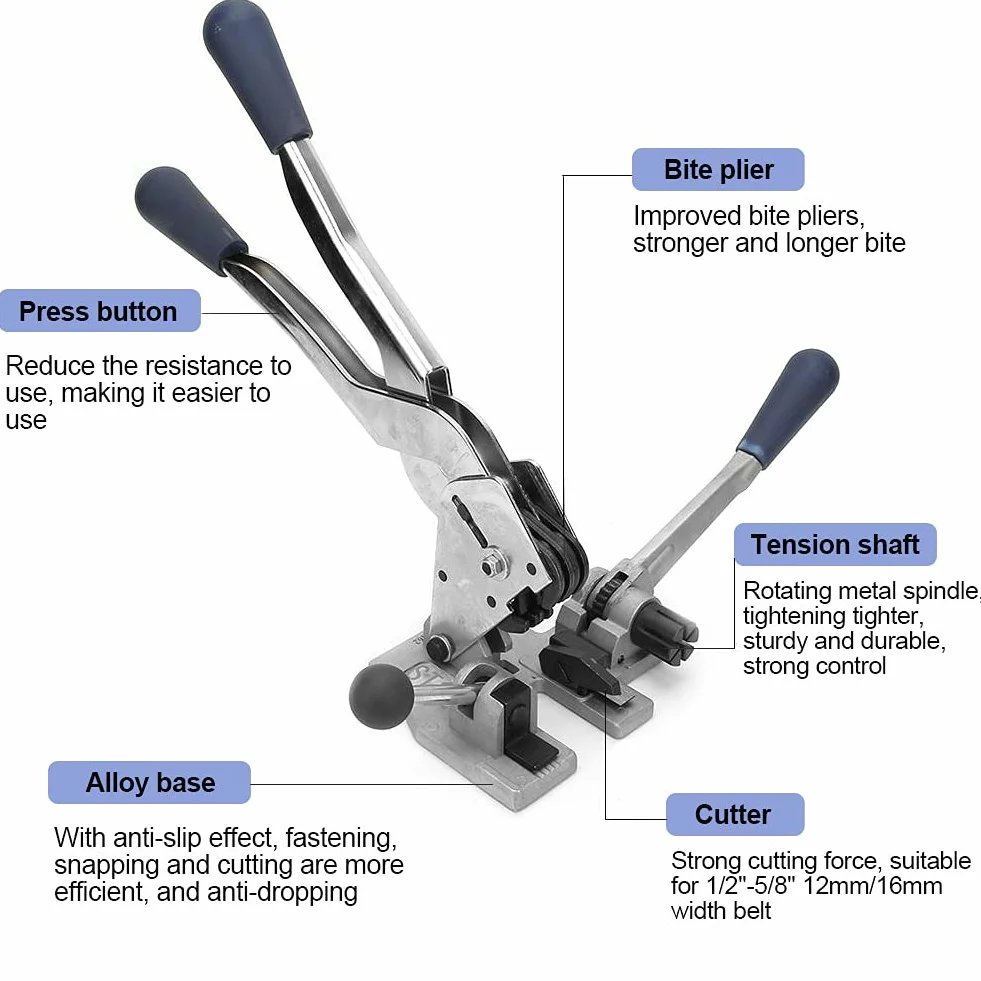 Máquina flejadora de paquetes 3 en 1, engarzadora tensora manual de correa de acero para correa de polipropileno de 1/2 "-5/8" de ancho, para embalaje industrial y doméstico.