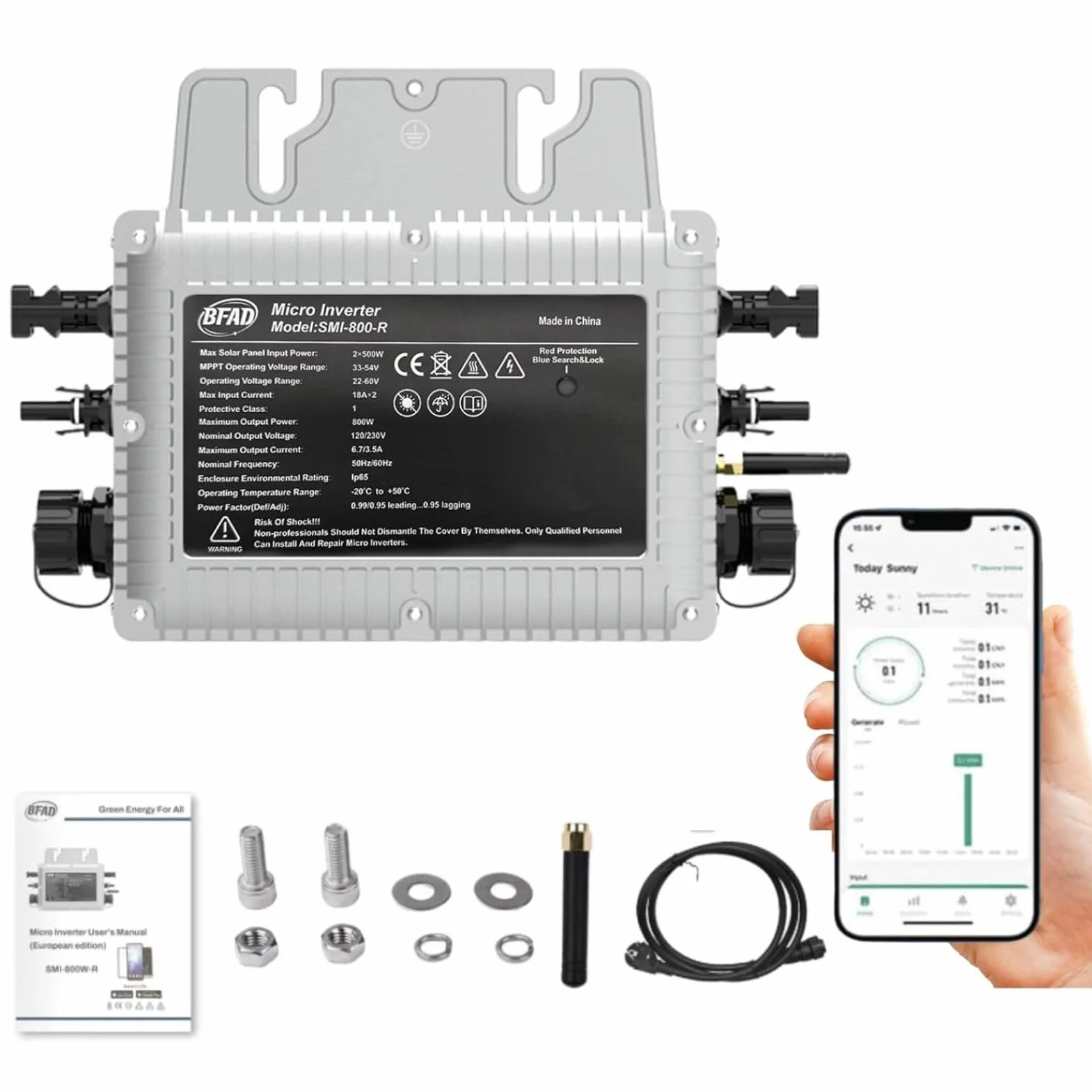 Jadeshay Microinversor 800W, IP65 MPPT Inversor de Conexión a Red DC de 20 V-60 V a AC de 220V-230V con Sistema de Monitoreo WiFi Integrado para Central Eléctrica de Balcón