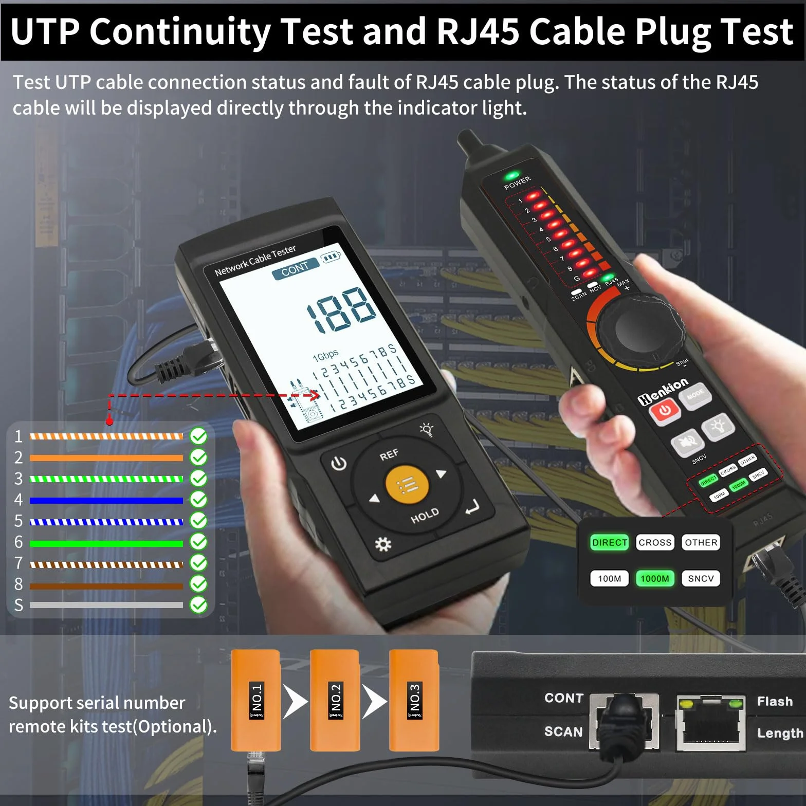 Probador de cabina de red RJ45 multifunción, trazador de cables, probador de cables recargables, prueba de conexión UTP y fallo de enchufe, longitud del cable, VFL, OPM, IEEE 802.3bt/af/at y detección