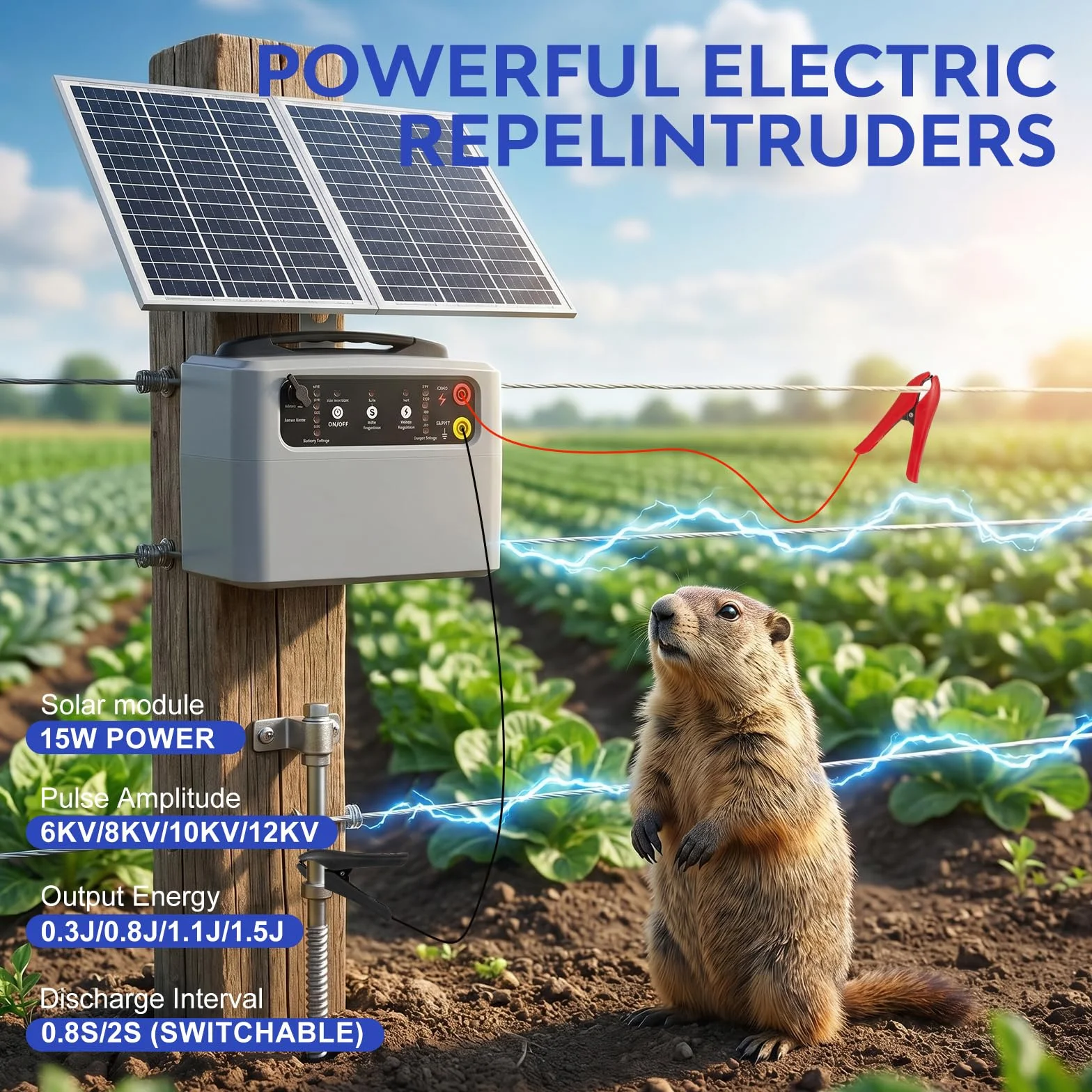 48 KM Pastor Electrico Solar, 0,3 J-1,5 J, 6 KV-12 KV Cerca Eléctrica Controlador con Panel Solar de 15 W, con Batería de Plomo-ácido Integrada de 12 V y 7 Ah, Apto para Ganado Ganado, Vacas(Gris)