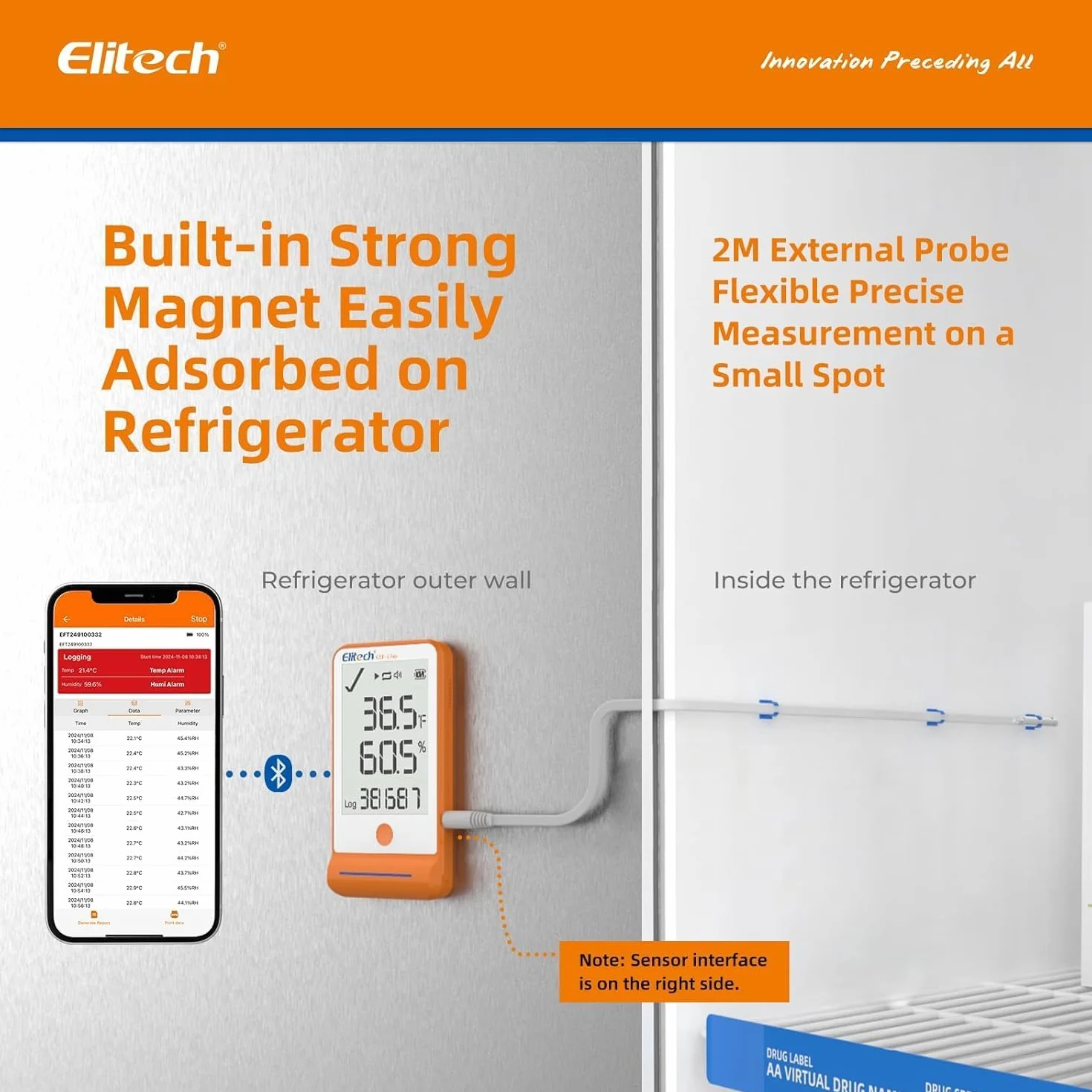 Elitech Registrador de Temperatura Bluetooth con 2 Sondas de Congelamiento con Shadow Data, Informe PDF CSV 100.000 Puntos, Certificado de Calibración para Refrigerador de Farmacia, MAX MIN AVR MKT