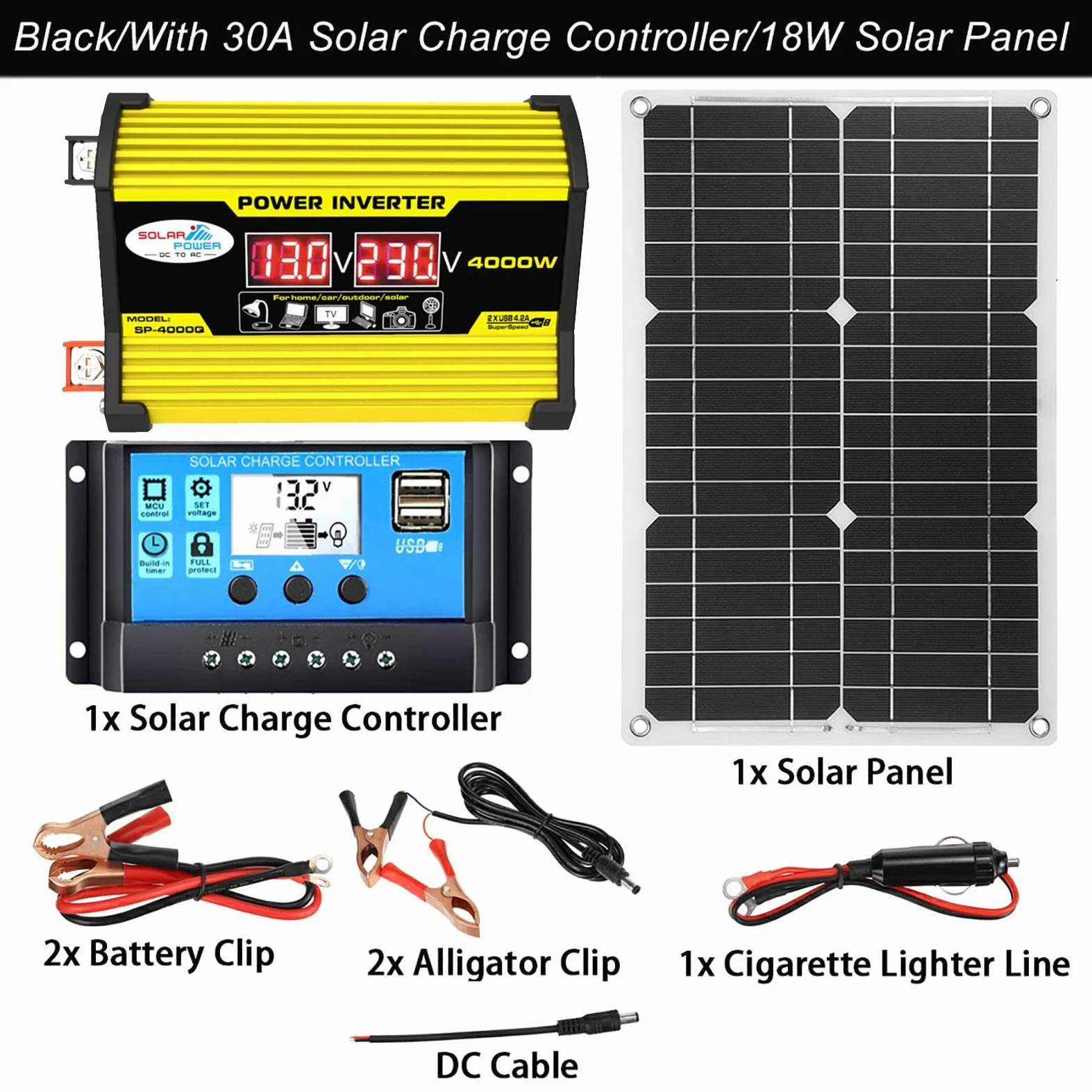 Energía Solar Portátil,420x280x2,5mm Nversor Corriente 4000W (máx.) Con 2 Puertos USB,Kit Completo Paneles Solares, 30A Controlador Carga Solar, 18W Panel Solar Monocristalino 12V / 24V