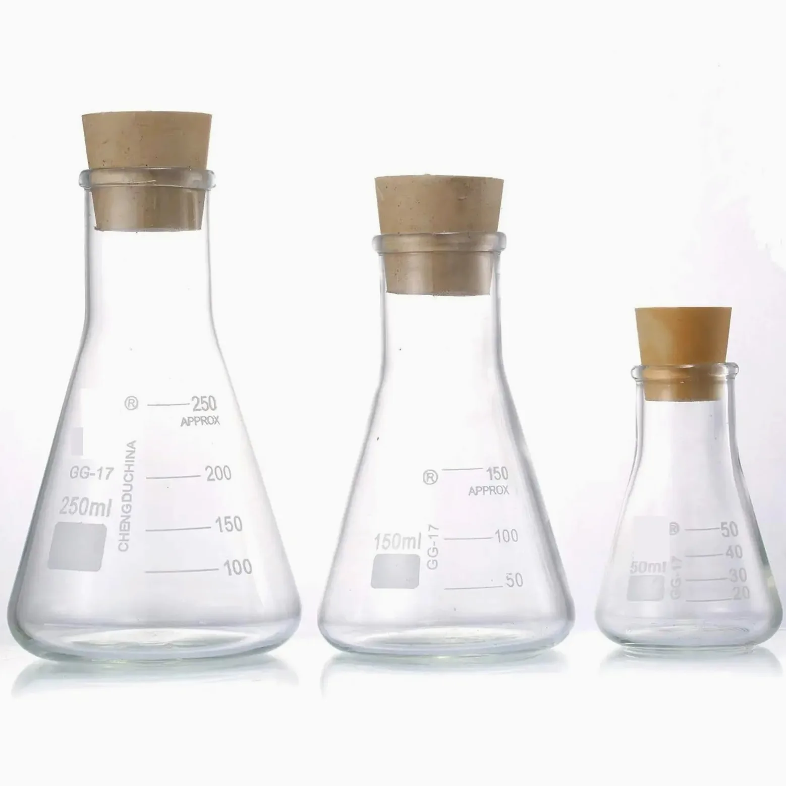 Matraz Erlenmeyer Erlenmeyer Graduado, Matraces Erlenmeyer de Vidrio borosilicato graduados de 250 ml, 150 ml y 50 ml