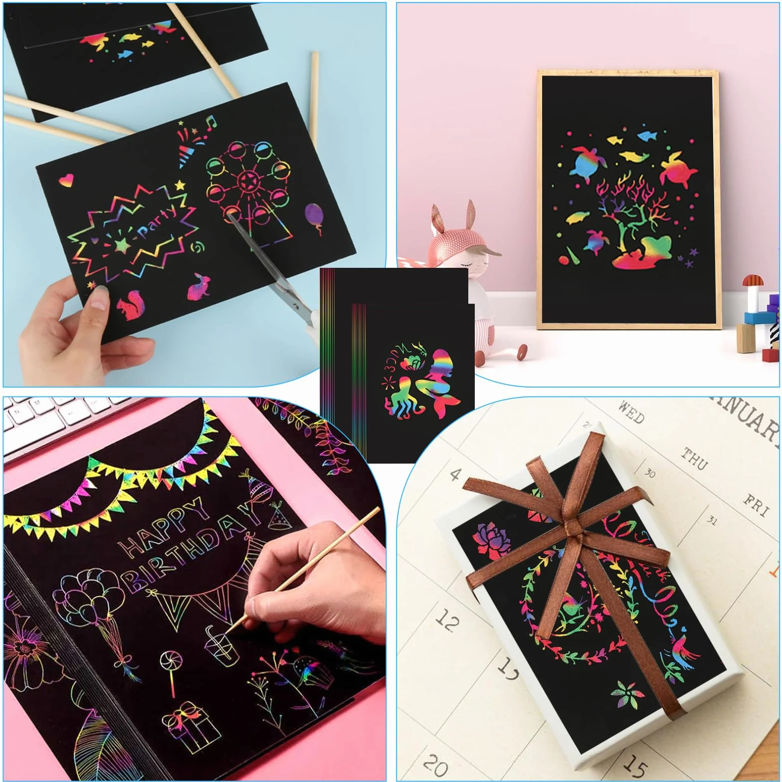 Juego de Papel Rascador Arco Iris, 70 Hojas Imágenes para Rascar con 7 Lápices y 3 Plantillas, Libro Mágico para Niños y Adultos