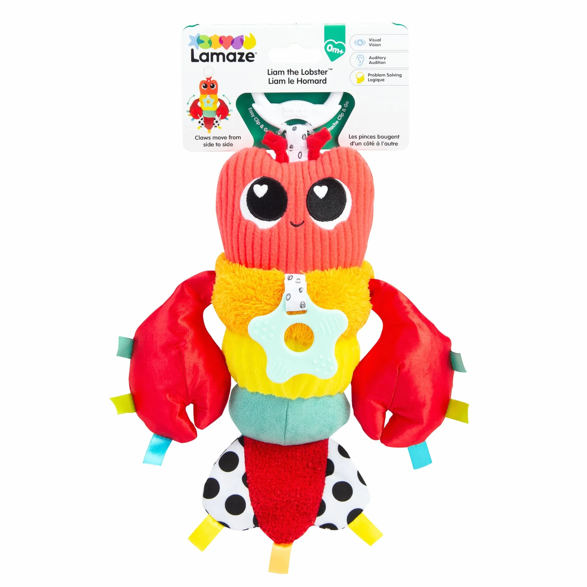 LAMAZE Liam Der Hummer Clip & Go, Juguete Sensorial de Clip, Langosta Texturizada con Mordedor y Campana