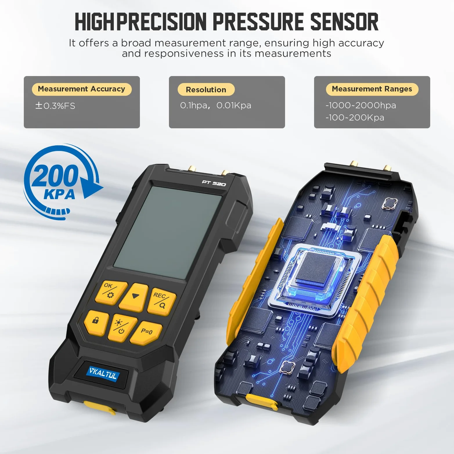 Manómetro de presión digital,Manómetro de presión de aire comprimido con valor de alta precisión, 10 lecturas, 29 almacenamiento de datos,Múltiples adaptadores de medición, -100~200Kpa