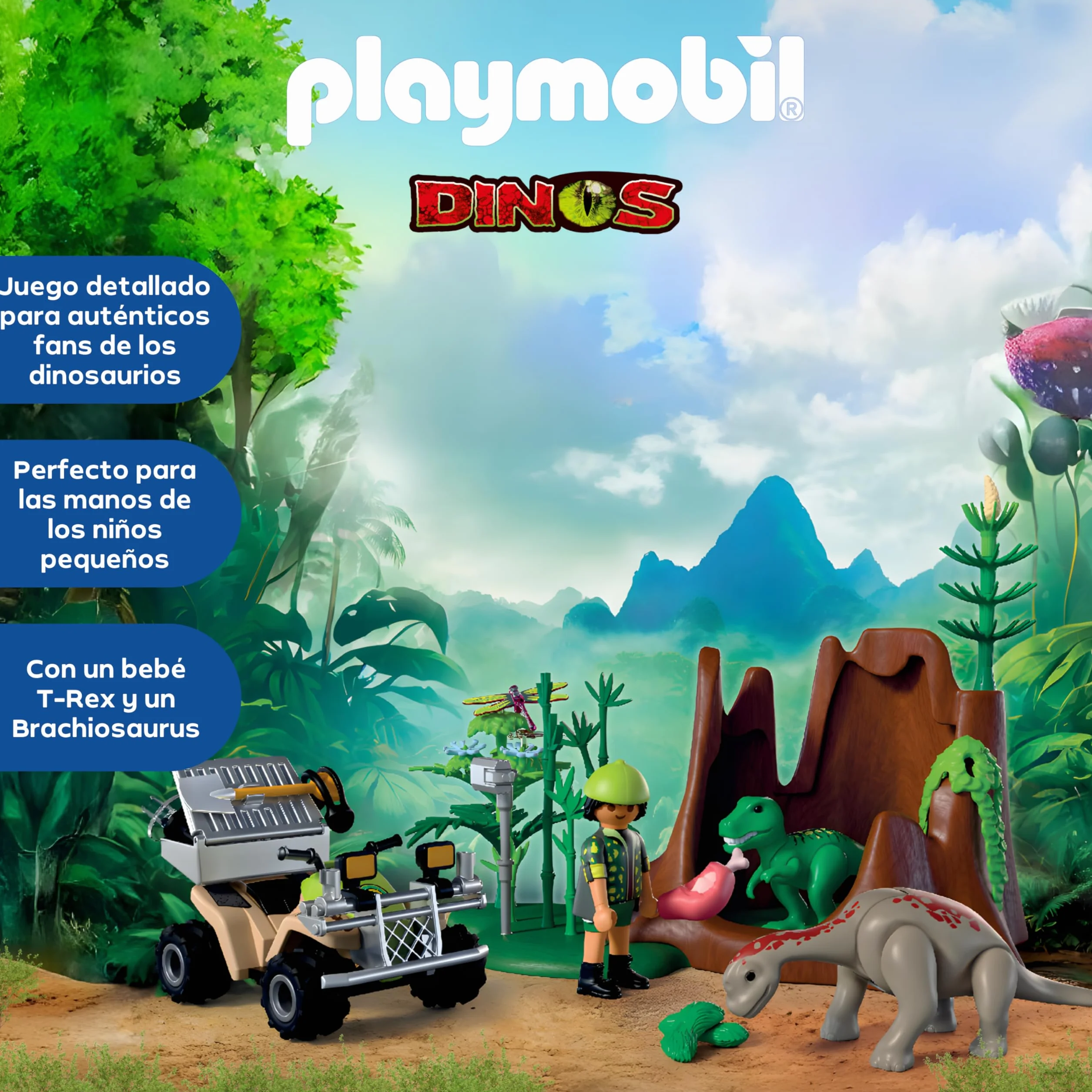 PLAYMOBIL Dinos Escondite de Dinosaurios con Quad, cría de T-Rex y Braquiosaurio | Juguete niños 4+ años | 72069
