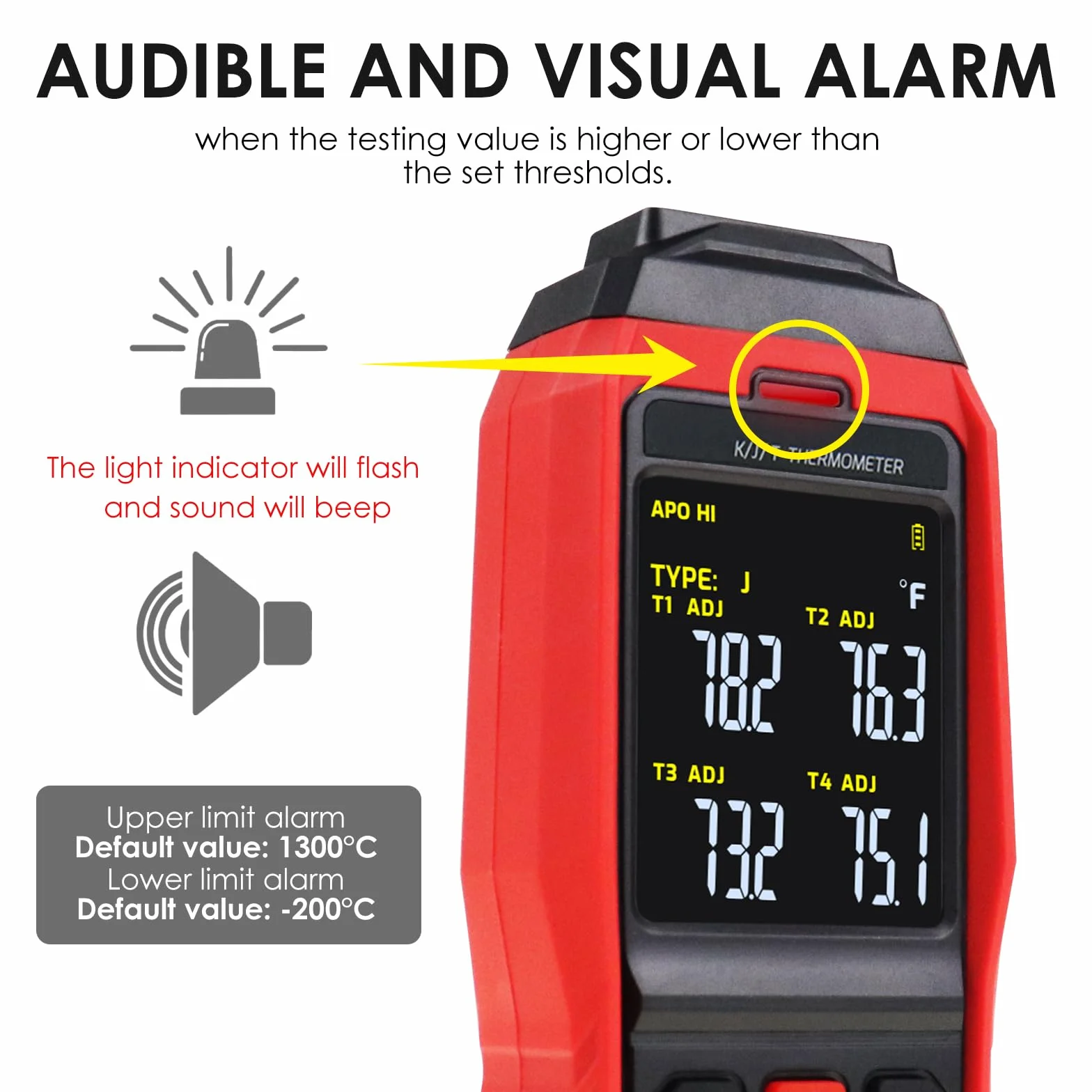 Registrador Digital de Datos Termopar Tipo K/J 4 Canales -200~1372°C Medidor Temperatura con Alarma