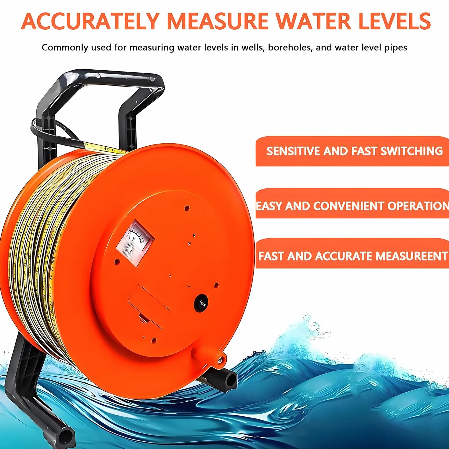 Medidor de nivel de agua subterránea, sonda de acero inoxidable y cinta métrica, medidor de profundidad de agua con zumbador y voltímetro para monitoreo de pozos y depósitos de hasta 150 m