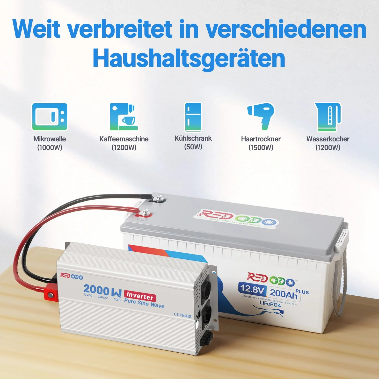 Redodo Inversor Onda Sinusoidal Pura 2000W 2V DC a 230V AC Convertidor para Camping,Inversor Energía Solar con 2xSalidas de CA,Pantalla de Monitorización con Visualización de Estado en Tiempo Real