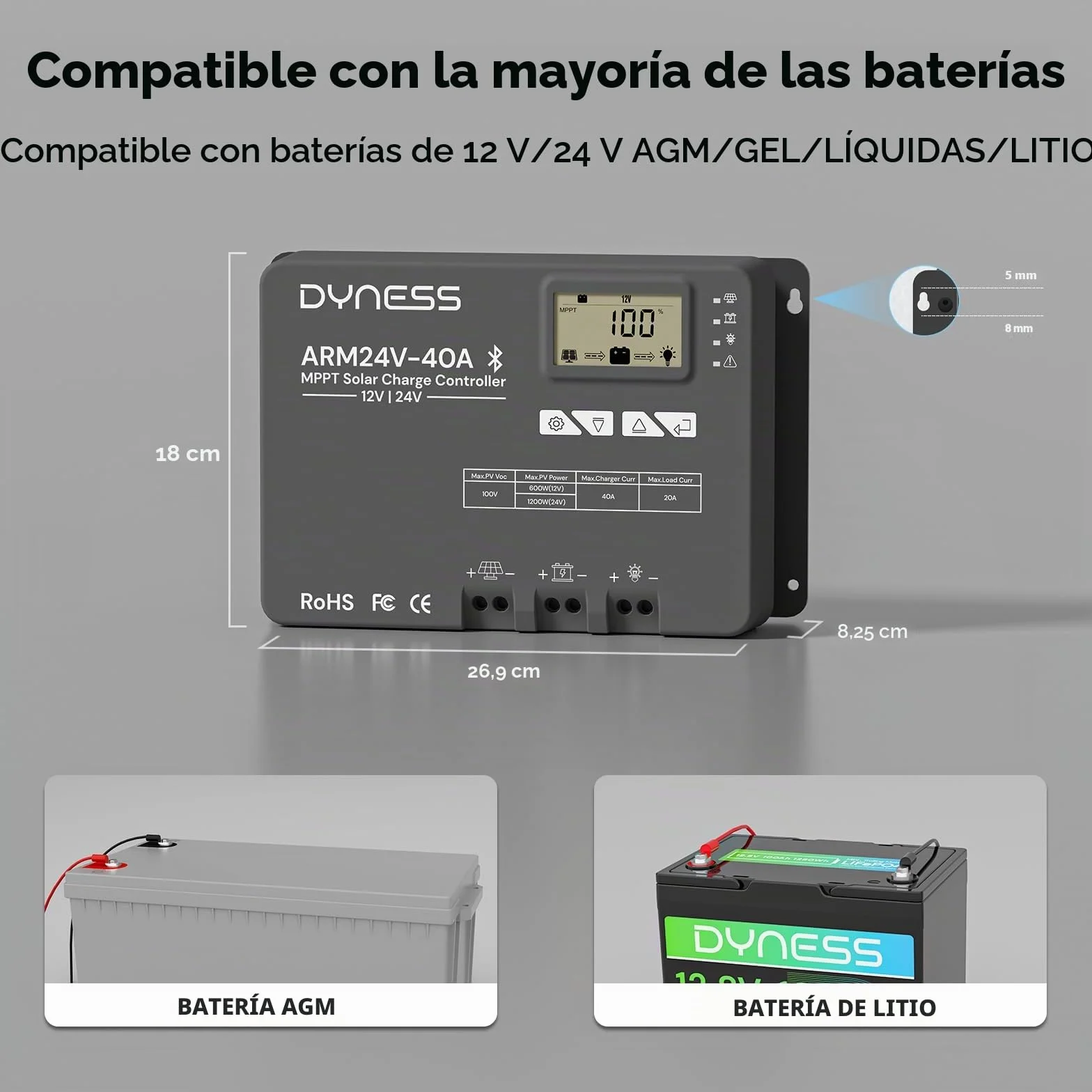 Dyness MPPT 40A Controlador de Carga Solar 12V/24V Automático, 100V (entrada fotovoltaica máx.), pantalla LCD, nstalaciones solares y baterías SLA, GEL, FLD, AGM, Li.