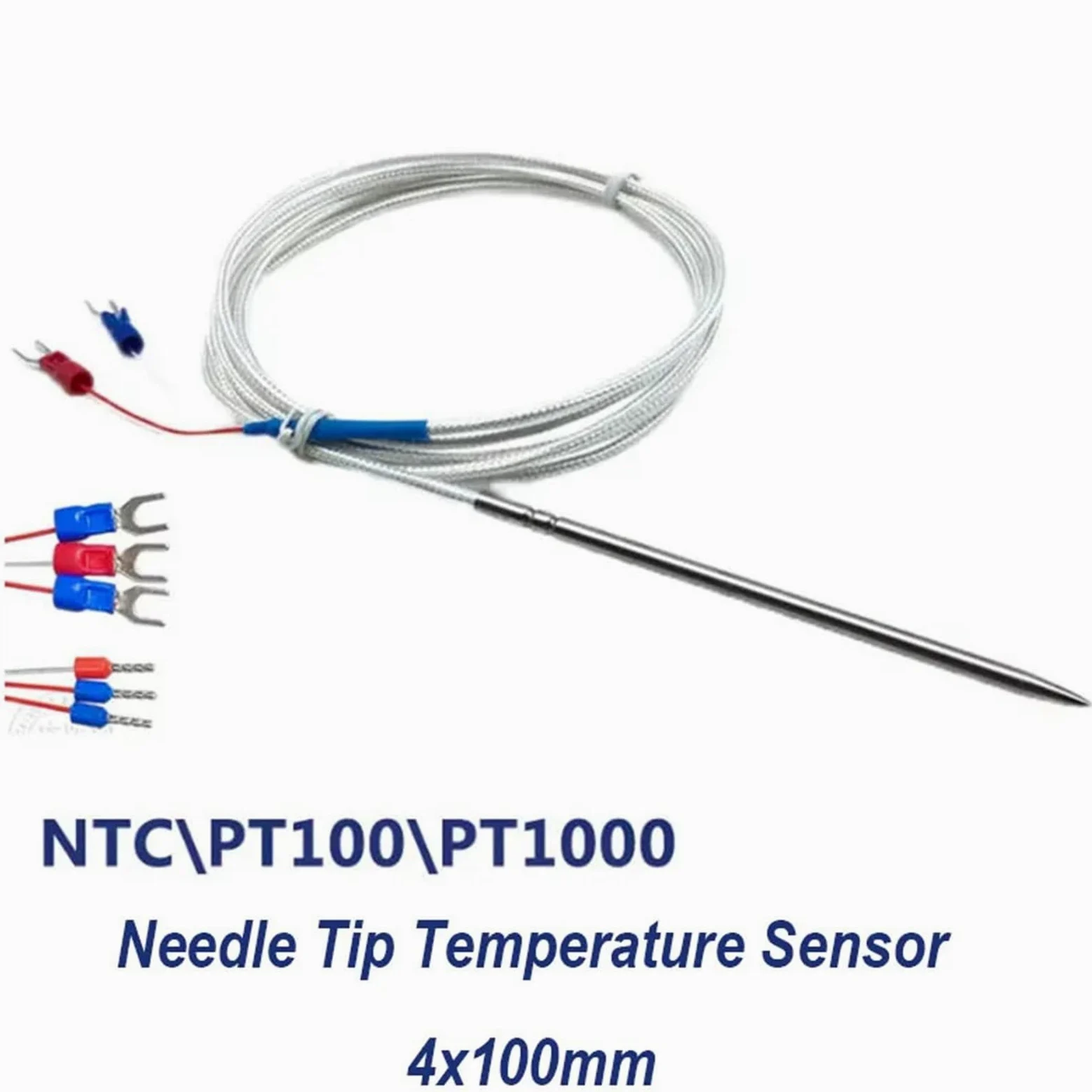 Termopar de resistencia térmica con punta de aguja NTC10K/PT100/PT1000 insertado en acero inoxidable SUS304 de grado alimenticio de 4 x 100 mm(PT100 Cable5m)