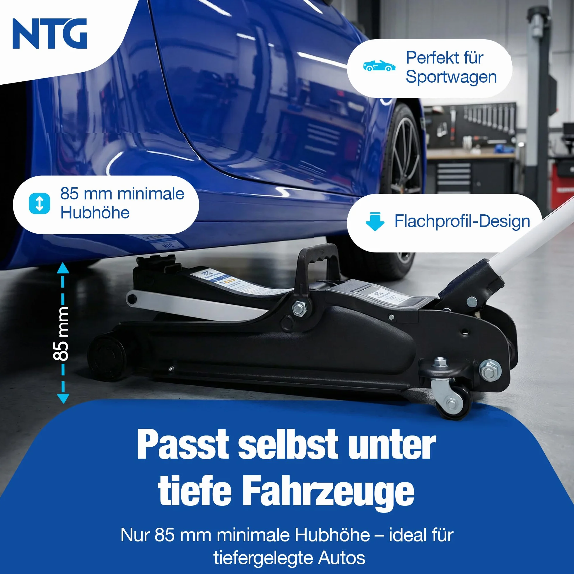 Gato hidráulico 2,5T certificado TÜV (85-375 mm altura de elevación) – Gato hidráulico profesional plano para coches bajos, elevador NTG (+ revestimiento de goma con ranura)