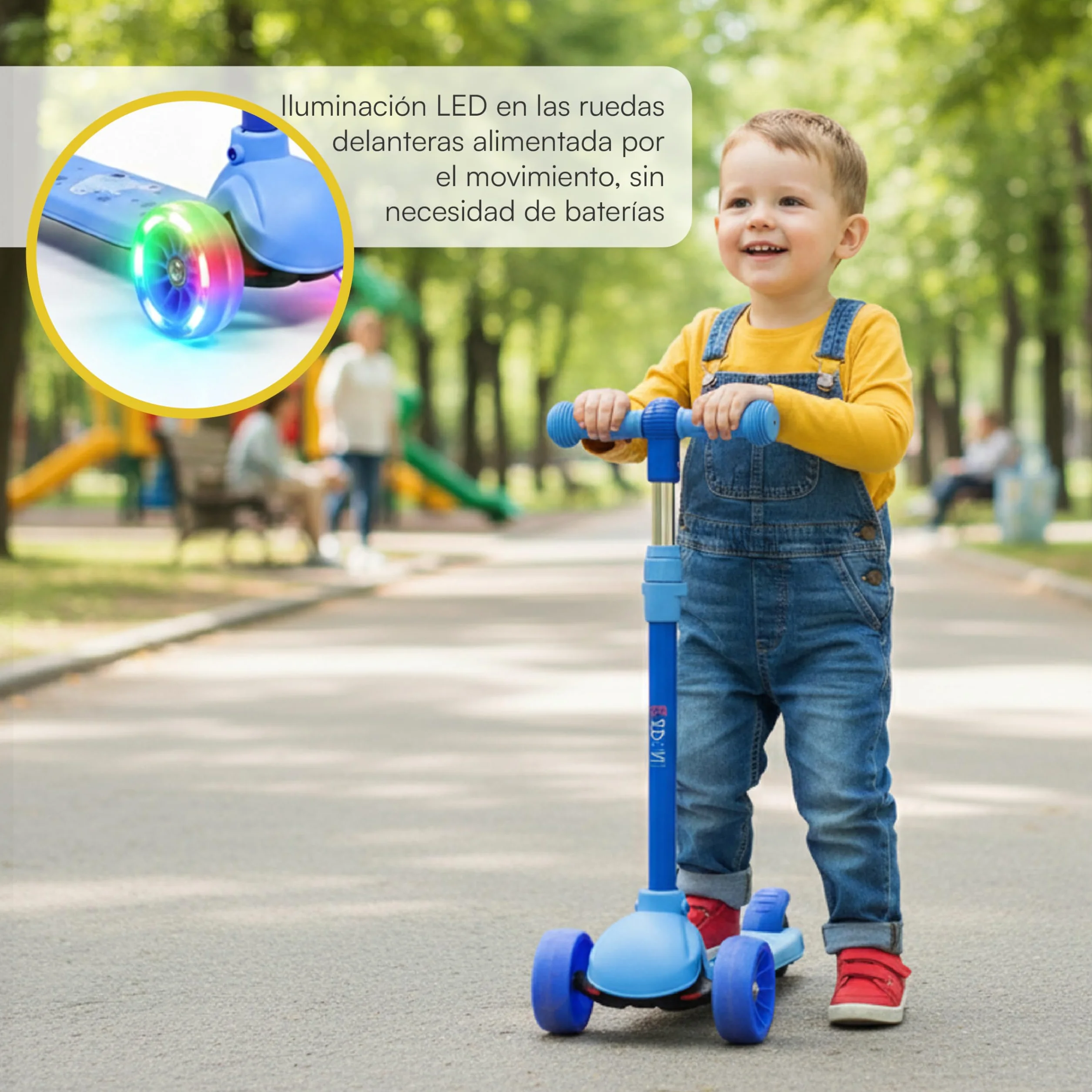 Baroni Toys Patinete 3 Ruedas Niños 3+ Años LED Sin Pilas Manillar Ajustable 3 Alturas Freno Trasero 52x25x81 cm Azul