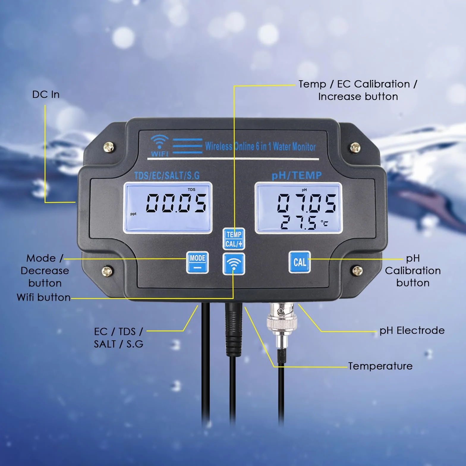 Probador de calidad de agua WLAN, monitor de pH 6 en 1, mide pH/EC/TDS/salinidad/peso y temperatura, monitoreo de aplicaciones en línea las 24 horas y almacenamiento de curvas de datos, medidor de pH