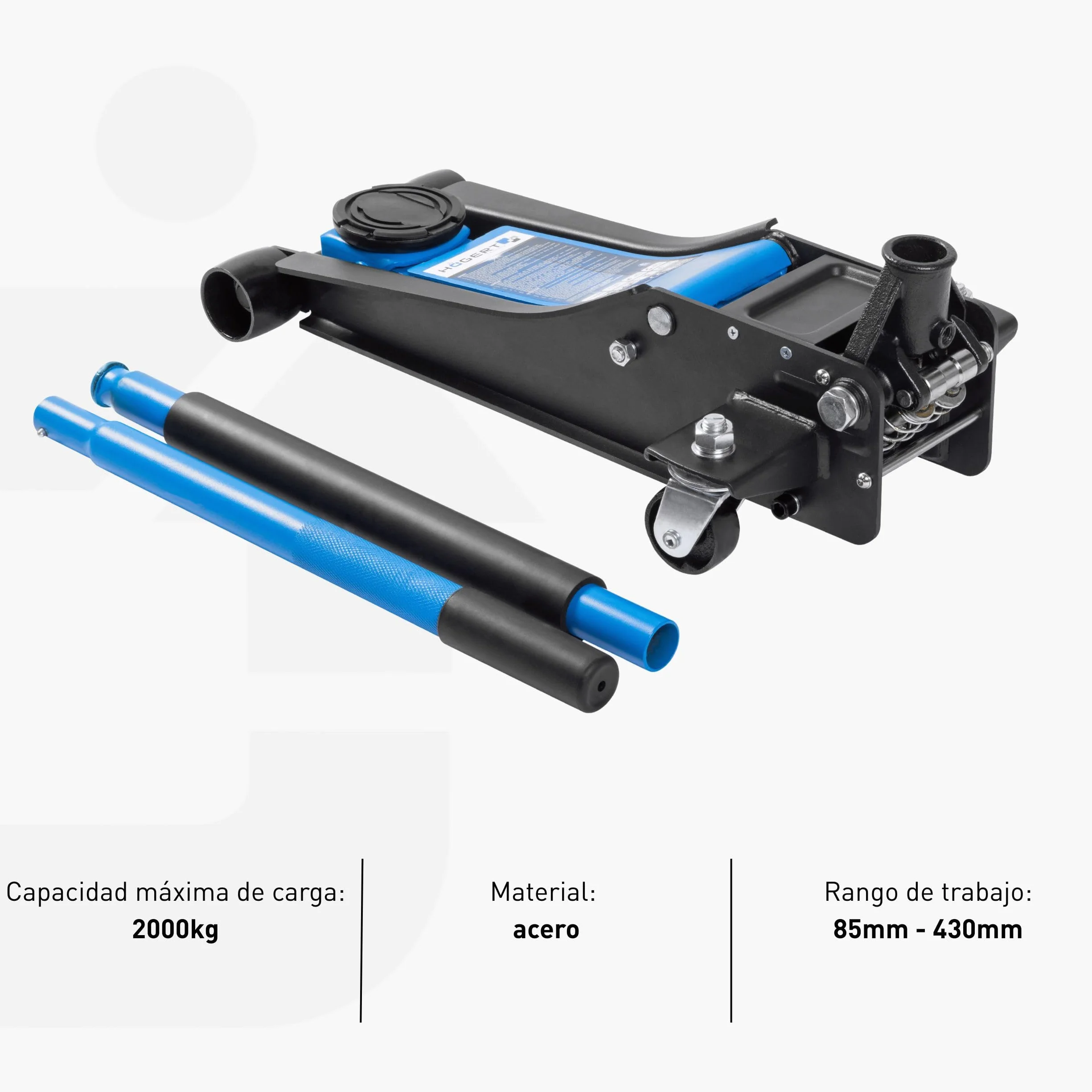 HÖGERT TECHNIK Gato hidráulico 2T, Plano, 85-430 mm, Compacto, Acero, Ruedas, Válvula de Seguridad