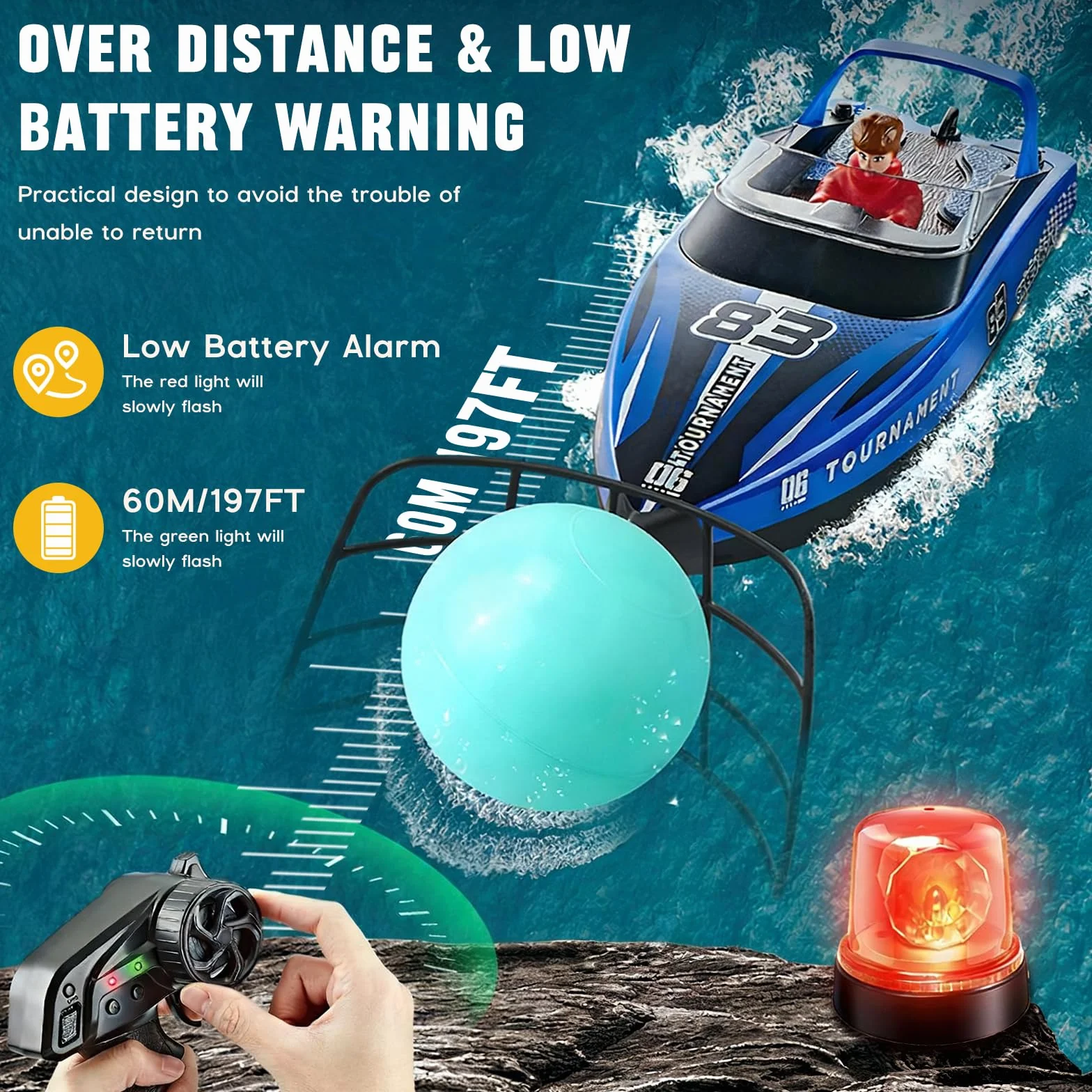 Barco Teledirigido RC con Bola Flotante y Luz LED 15 KM/H 2,4 GHz Barcos de Carreras Rápido para Niños Juguete de Piscina