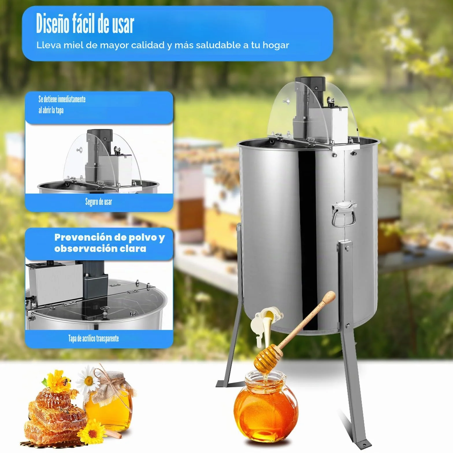 Extractor de miel eléctrico con cubierta de cristal de 4 marcos, panal de miel de acero inoxidable, velocidad ajustable, extractor de miel profesional, para apicultores aficionados, apicultores