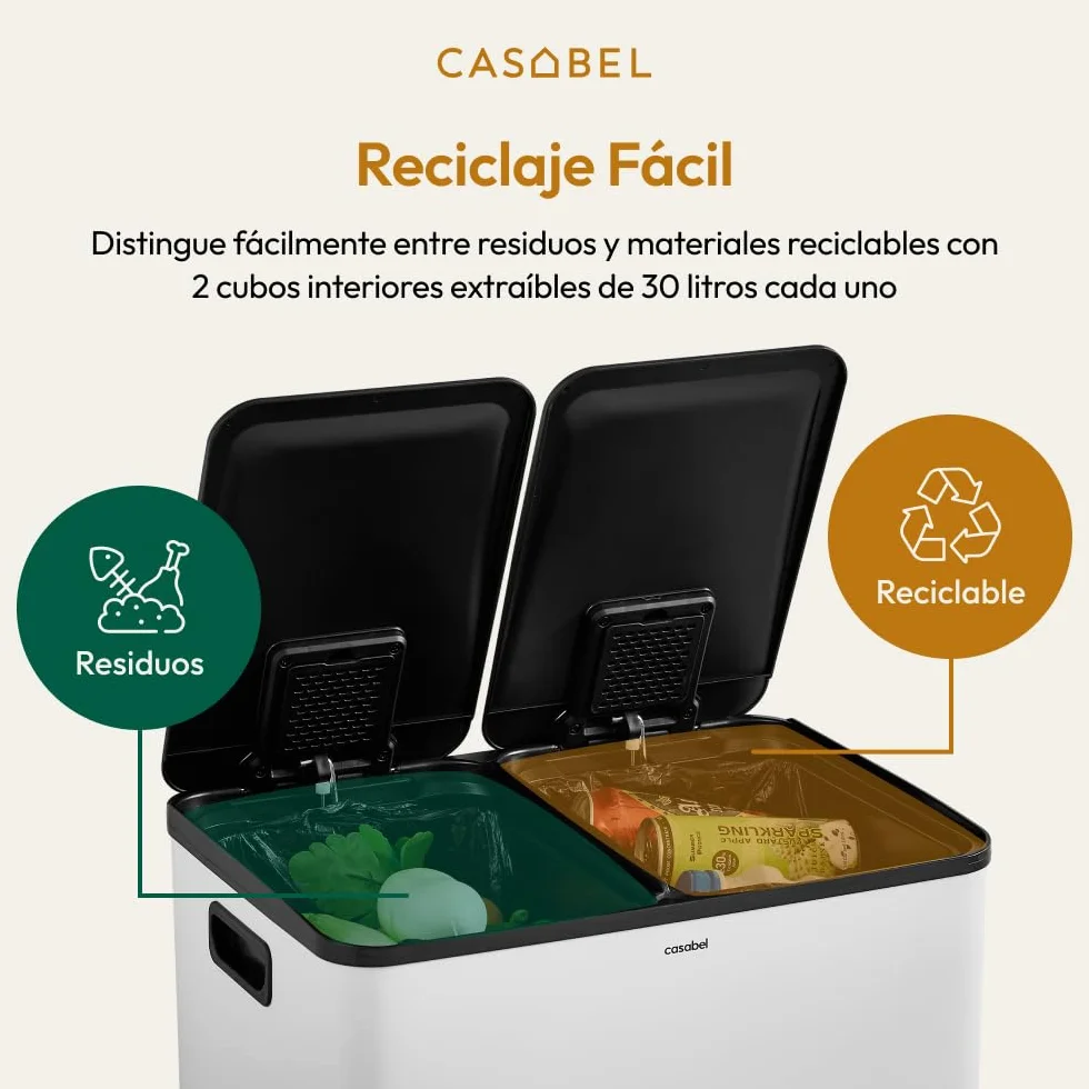 CASABEL Cubo de Basura Selectiva 60L, 2 x 30 Litros, Compartimentos Dobles 2x30L, Acero Inoxidable blanco, Papelera de Reciclaje de Pedal Rectangular, Anti Trazas, Anti Olores