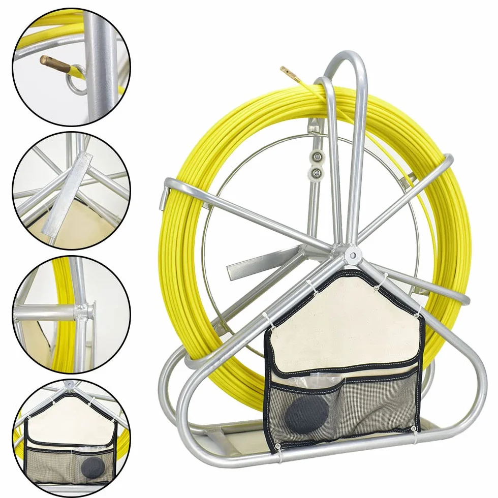 Obluesky 6mm x 130m Guia de Fibra de Vidrio,Conducto Cable Rodder Fibra de Vidrio Cable Rod Extractor con Jaula y Soporte