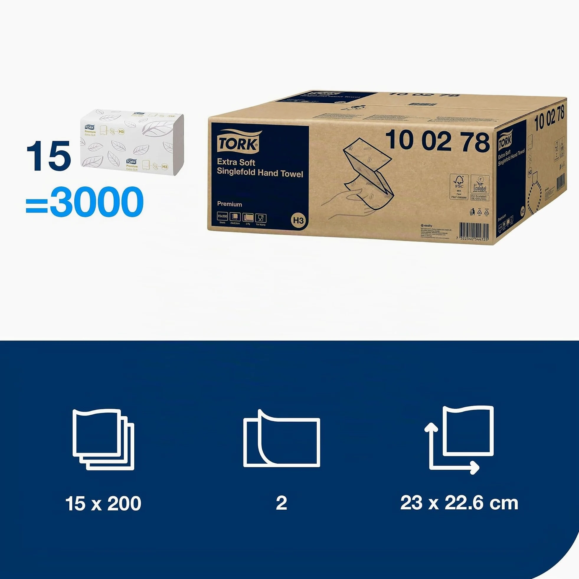 Tork 100278 Toallas de mano de papel extra suaves Tork Advanced / Toallas premium plegadas en V, compatibles con el sistema H3, blanco radiante