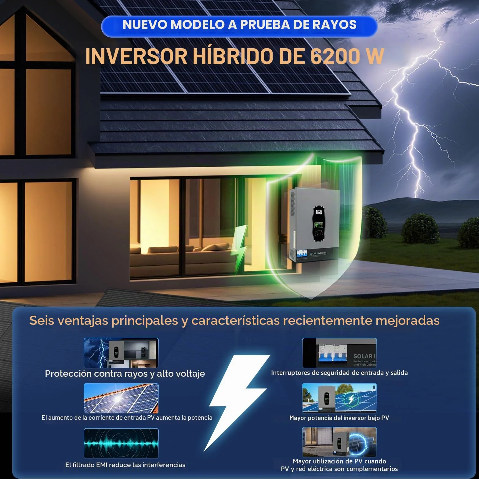 DATOUBOSS Inversor de corriente solar híbrido de 6200 W, 48 V CC a 230 V CA, inversor de onda sinusoica pura con MPPT de 120 A, entrada fotovoltaica de 8500 W, compatible con baterías de litio de 48 V
