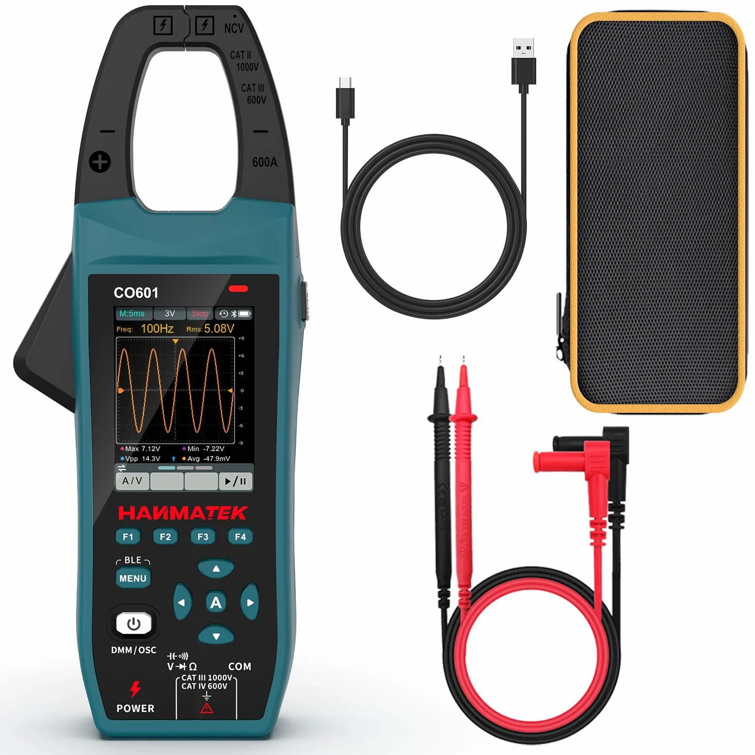 HANMATEK Multímetro con Osciloscopio 2 en 1, Pinza Amperométrica Profesional, 5 MSa/s, Banda 1MHz, NCV, Bluetooth, Pantalla TFT de 2.8", 600A/1000V, CO601