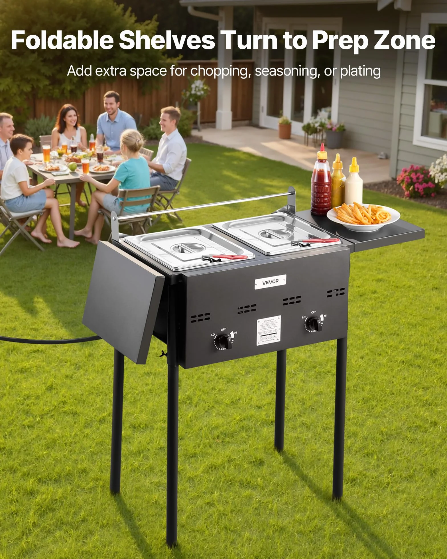 VEVOR Freidora de gas propano de doble depósito 9Lx2, aparato de cocción de propano de acero inoxidable, independiente con plataforma plegable y ajuste del calor, para exterior y restaurante Snack-bar