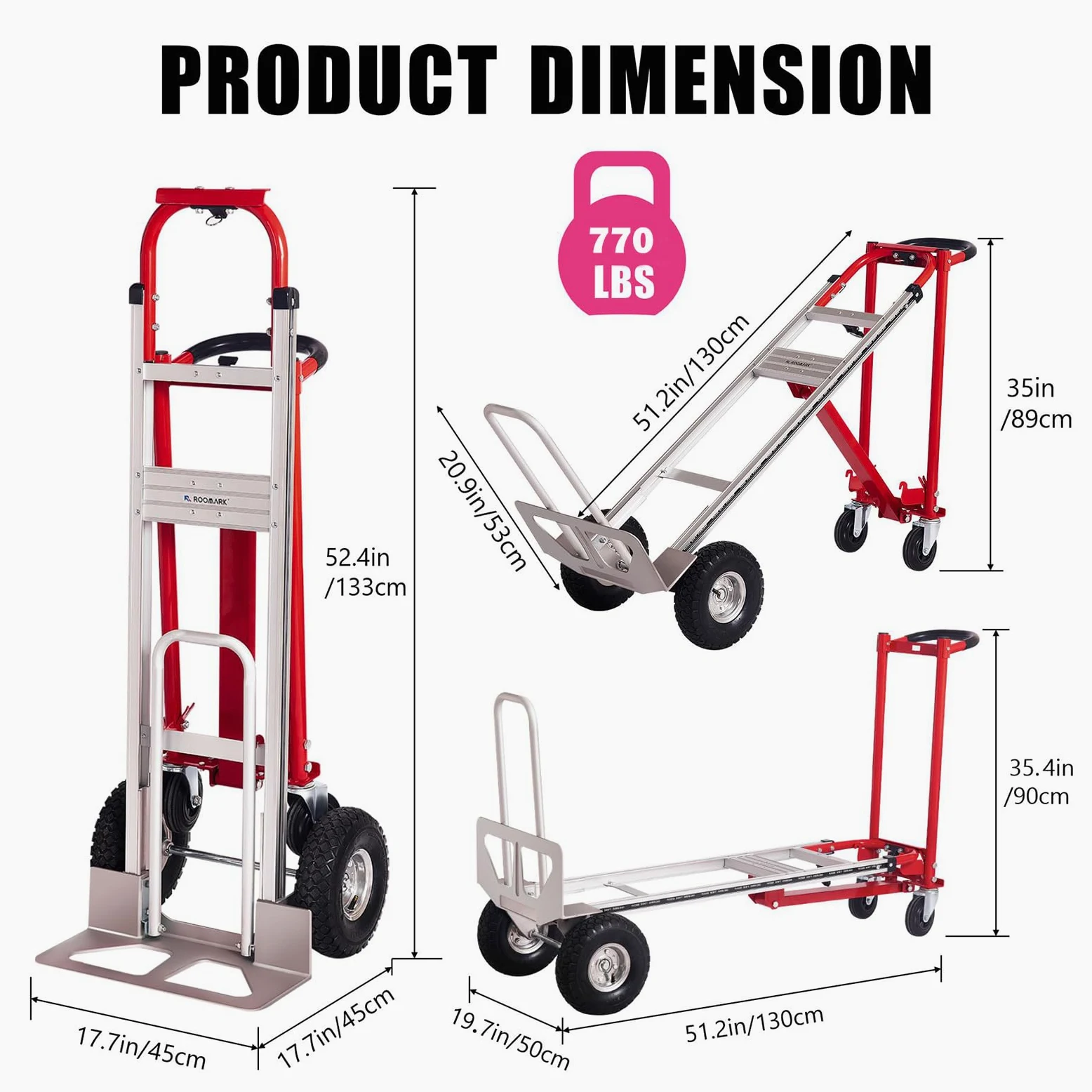 4 en 1 Carretilla de Mano Plegable de Aluminio, Carga de 363 kg, Carro de Transporte Convertible, con Ruedas Antideslizantes, para Transporte de Mercancías, Almacén y Supermercado