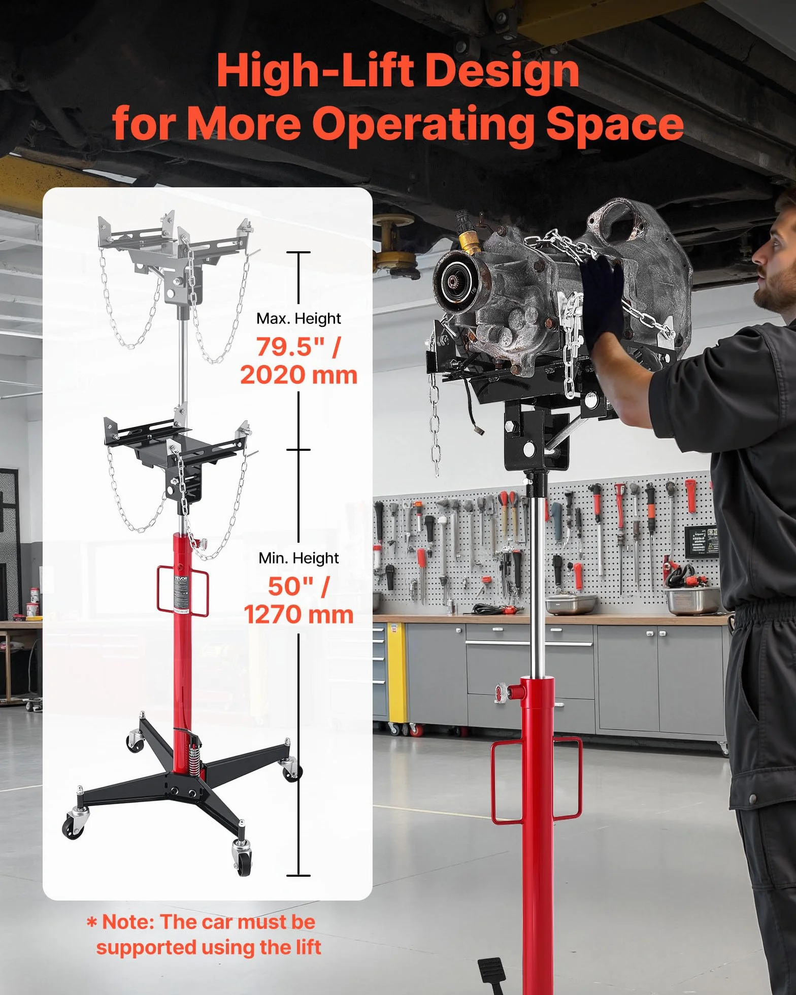 VEVOR Gato Hidráulico para Coche, Capacidad de Elevación 500 kg, con Pedal, Rueda Giratoria de 360°, Altura de Elevación de 127-202 cm, para Taller/Garaje, Rojo y Negro, 640 x 575 x 1360–2115 mm