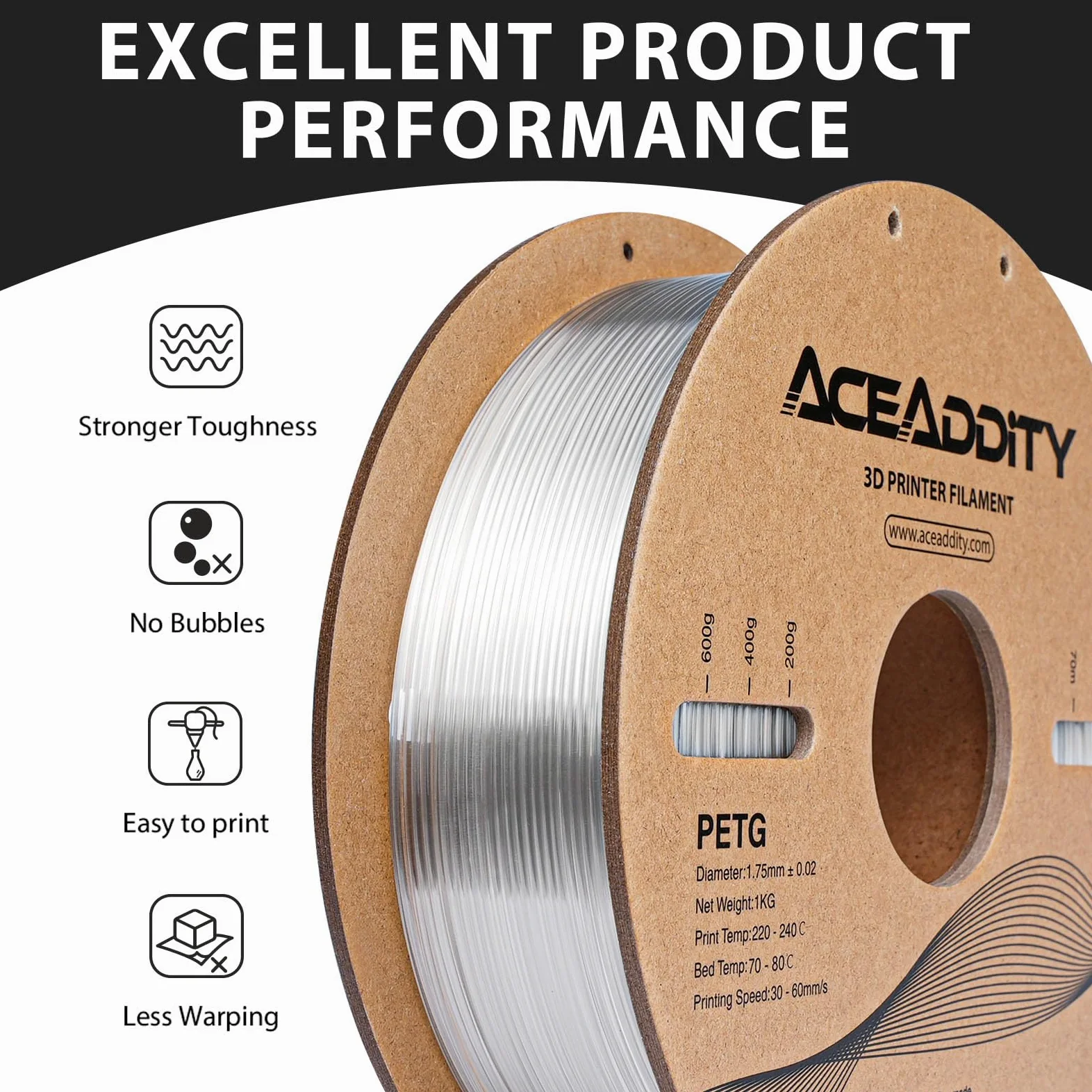 Filamento de PETG de 1,75 mm PETG de impresión 3D, compatible con la mayoría de impresoras 3D FDM Neptune 2 / Neptuno 3 / Ender 3 / Precisión dimensional ± 0,02 mm, bobina de 1 kg (2 kg)