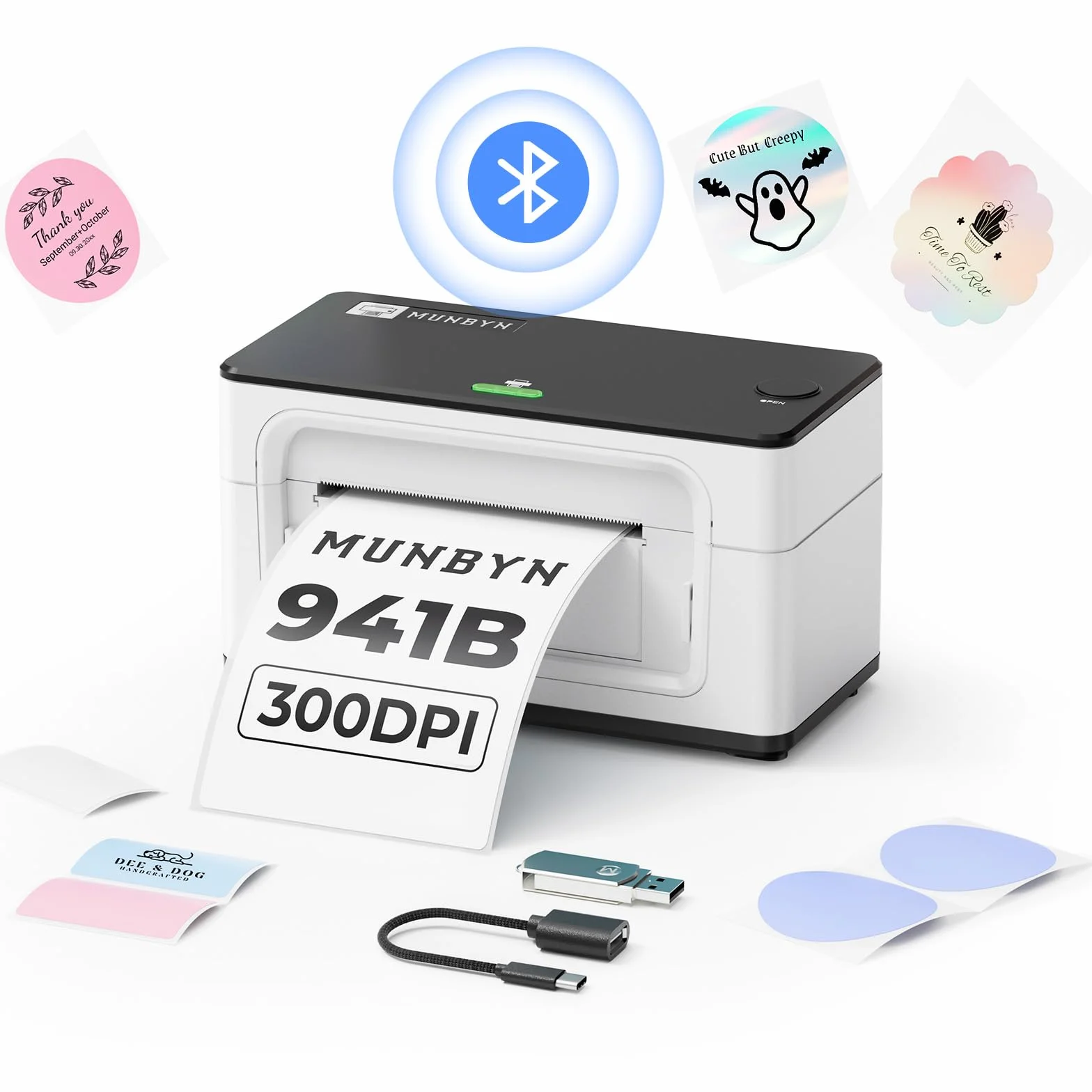 MUNBYN Impresora Termica Etiquetas 300DPI, Impresora Etiquetas Bluetooth 4x6, para Pequeñas Empresas UPS DHL Amazon, Compatible con iOS, Android, Mac, Windows y Chromebook