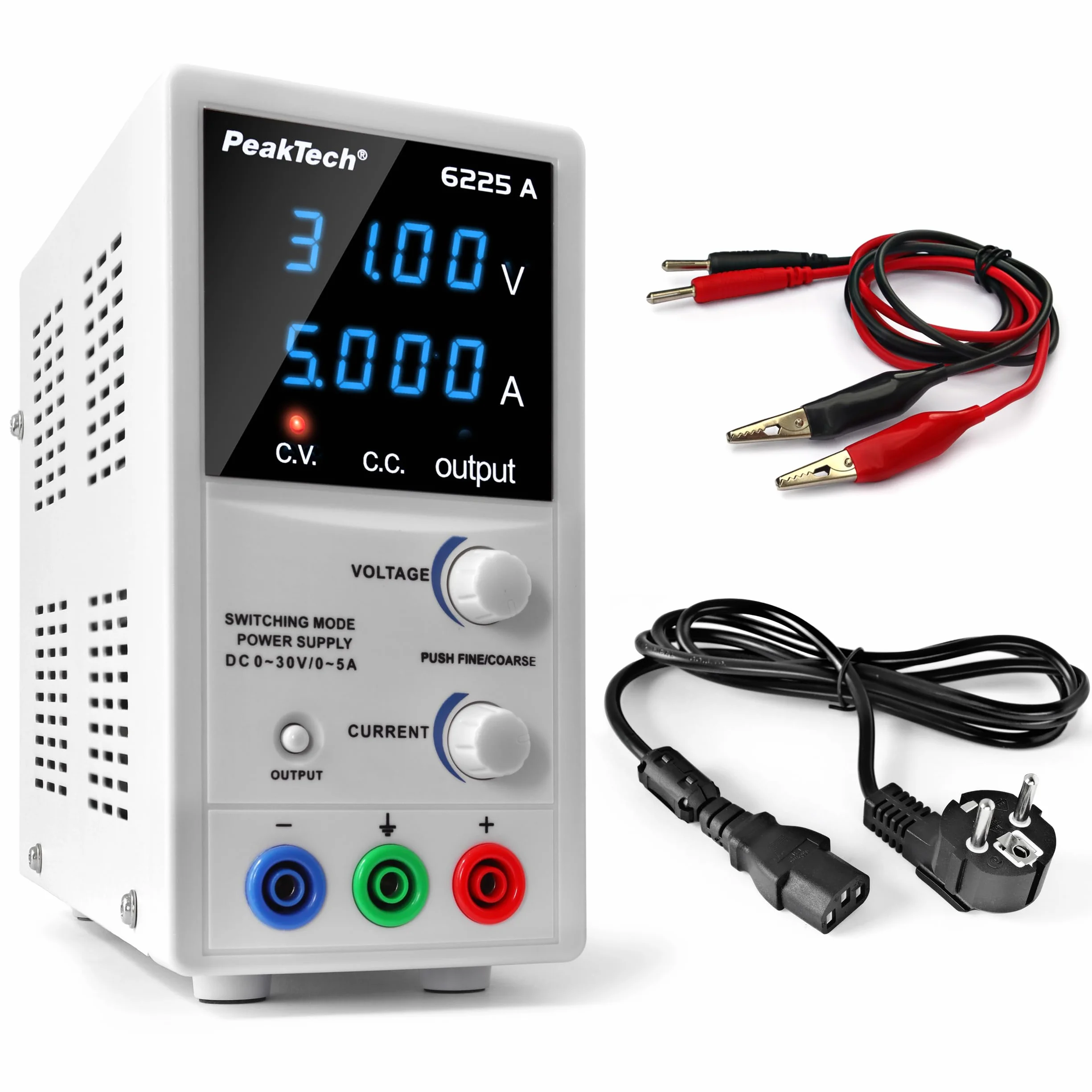 PeakTech 6225 A – Fuente de alimentación 0-30V / 0-5A, ajustable, DC con pantalla LED de 4 dígitos, conmutación estabilizada, amperímetro, sobrecarga y prueba de cortocircuito, diseño estrecho