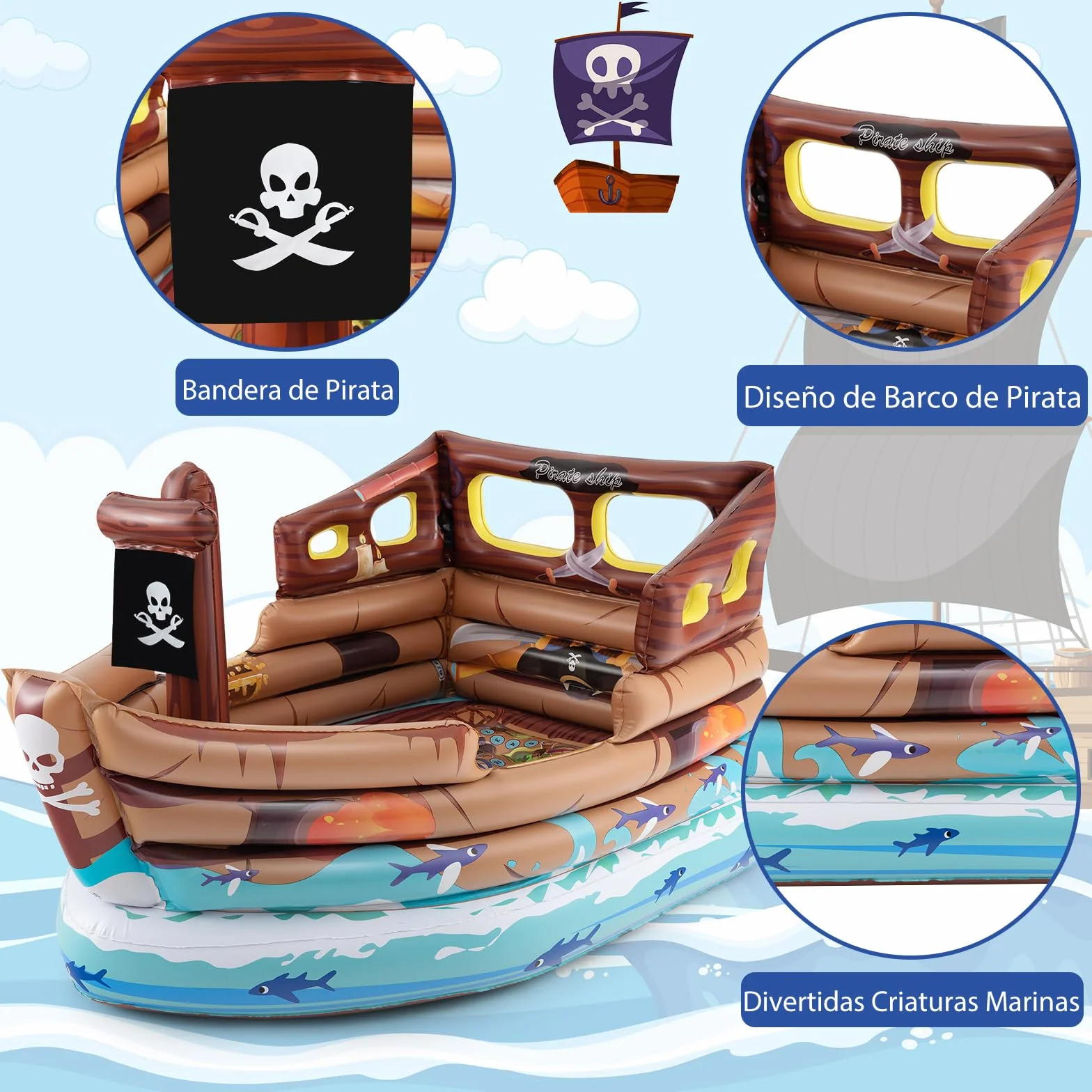 COSTWAY Barca Hinchable Niños Pirata Motor Incorporado 203x138x111 cm