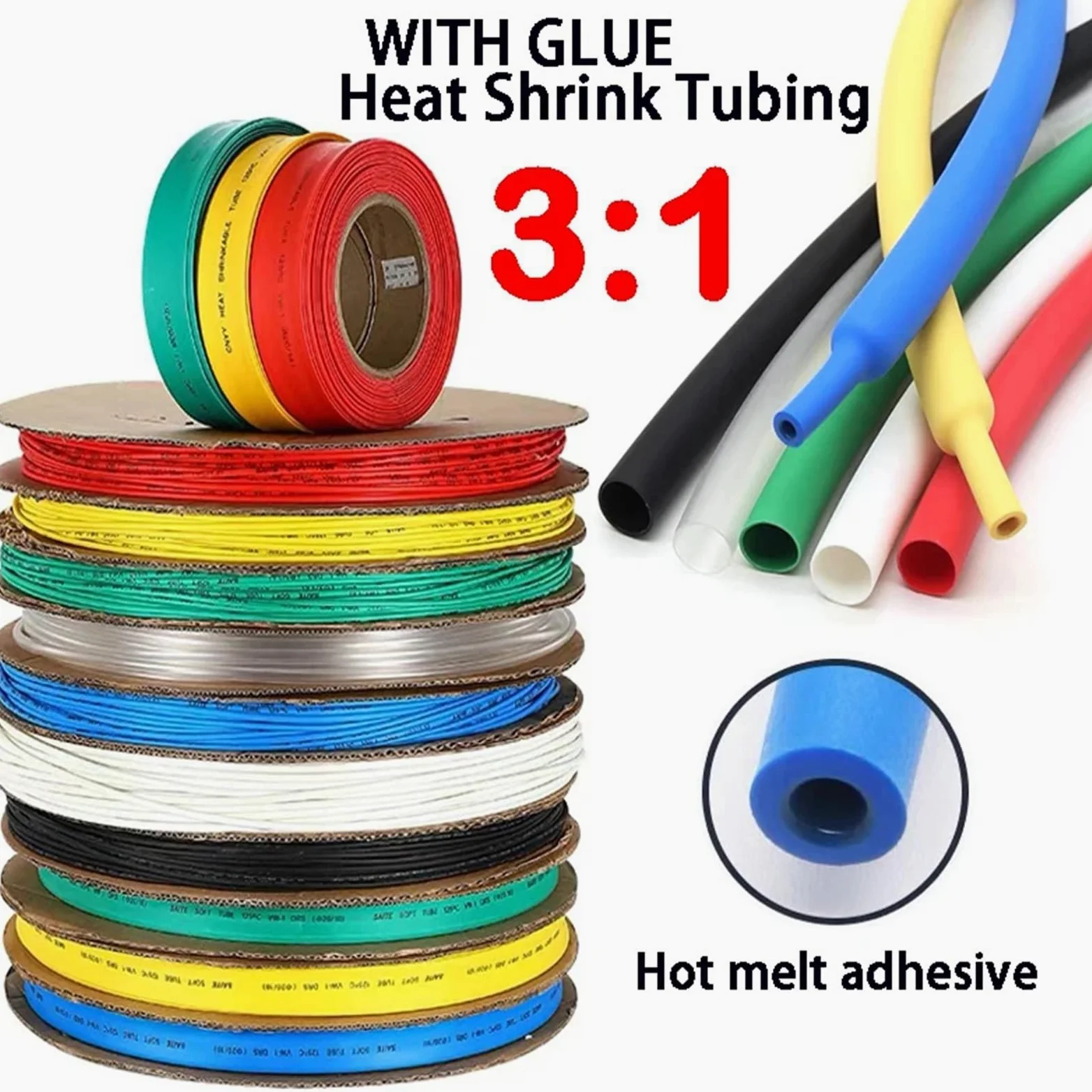 Tubo termorretráctil de poliolefina, negro, con pegamento, 10/50/100 m, 200 metros, 3:1, con relación de contracción variada, adhesivo for cable.(Black,3.2mm,50m)