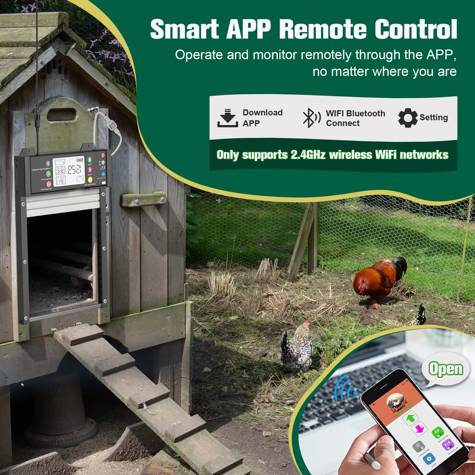 Puerta automática de pollo solar con aplicación TUYA y mando a distancia, estado en tiempo real, recargable por USB, conexión WiFi automática, temporizador y sensor de luz, protección contra