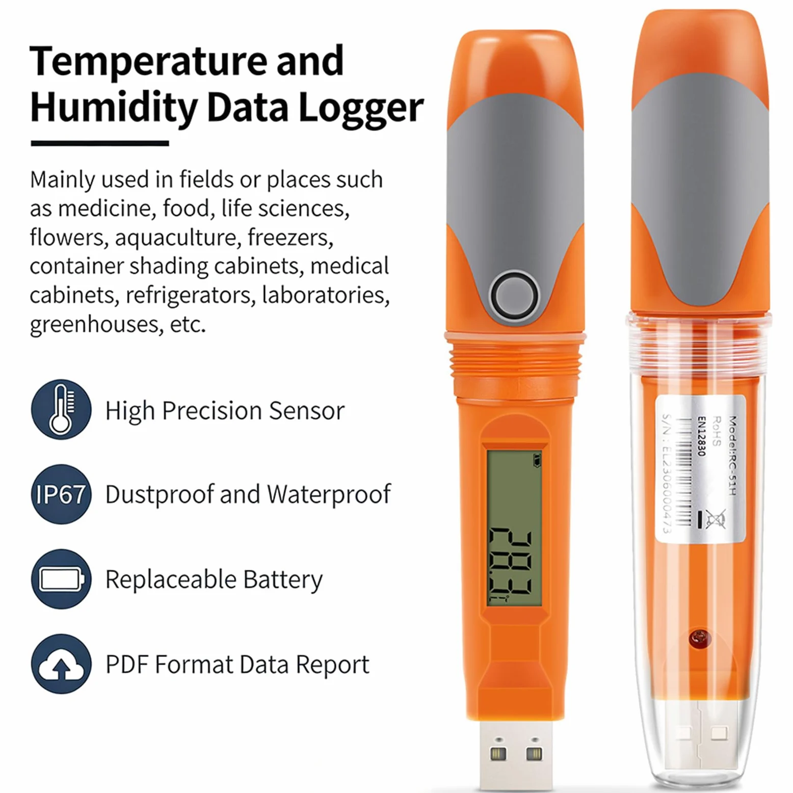 Registrador profesional de temperatura y humedad con 32000 puntos de datos para almacenamiento de alimentos, farmacéutico, laboratorio, uso industrial, impermeable, termohigrómetro