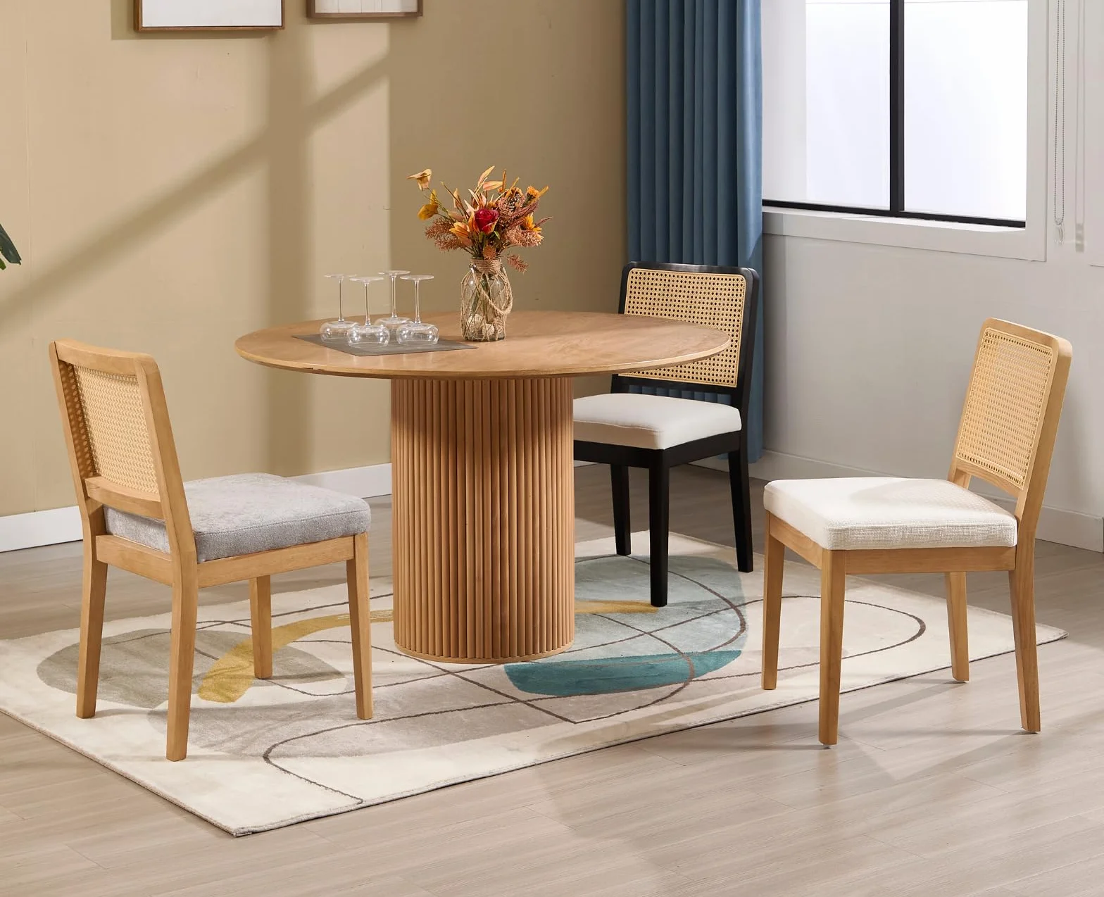 chairus Juego 4 de Sillas de Comedor Madera Sillas Cocina de Rústico con Respaldo Ratán, Sillas Restaurante Tapizadas de Chenilla Sillas de Salón Sencillas para Hogar, Blanco