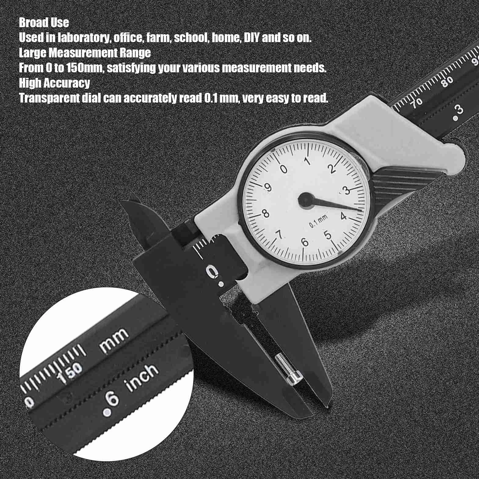 Calibrador con Dial, 0-150 mm Calibrador Analógico, Pie de Rey, Lectura de 0,1 mm, ABS, Portátil y Resistente a Golpes, Herramienta de Medición Métrica Portátil para Uso en Laboratorio y Hogar