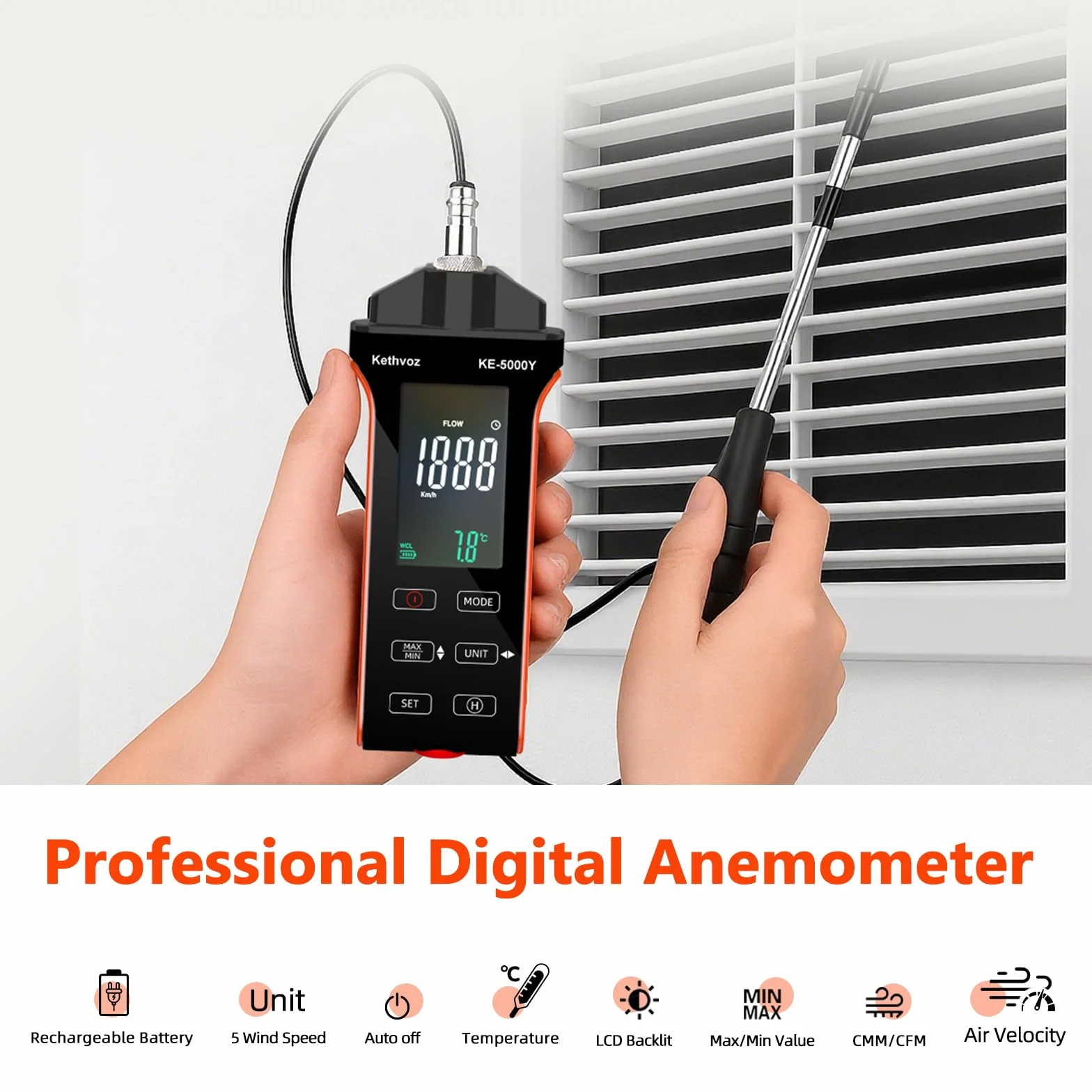 Anemómetro digital Kethvoz KE-5000Y HVAC medidor velocidad del viento CFM CMM 0-999900 ft3/min Temperatura Humedad