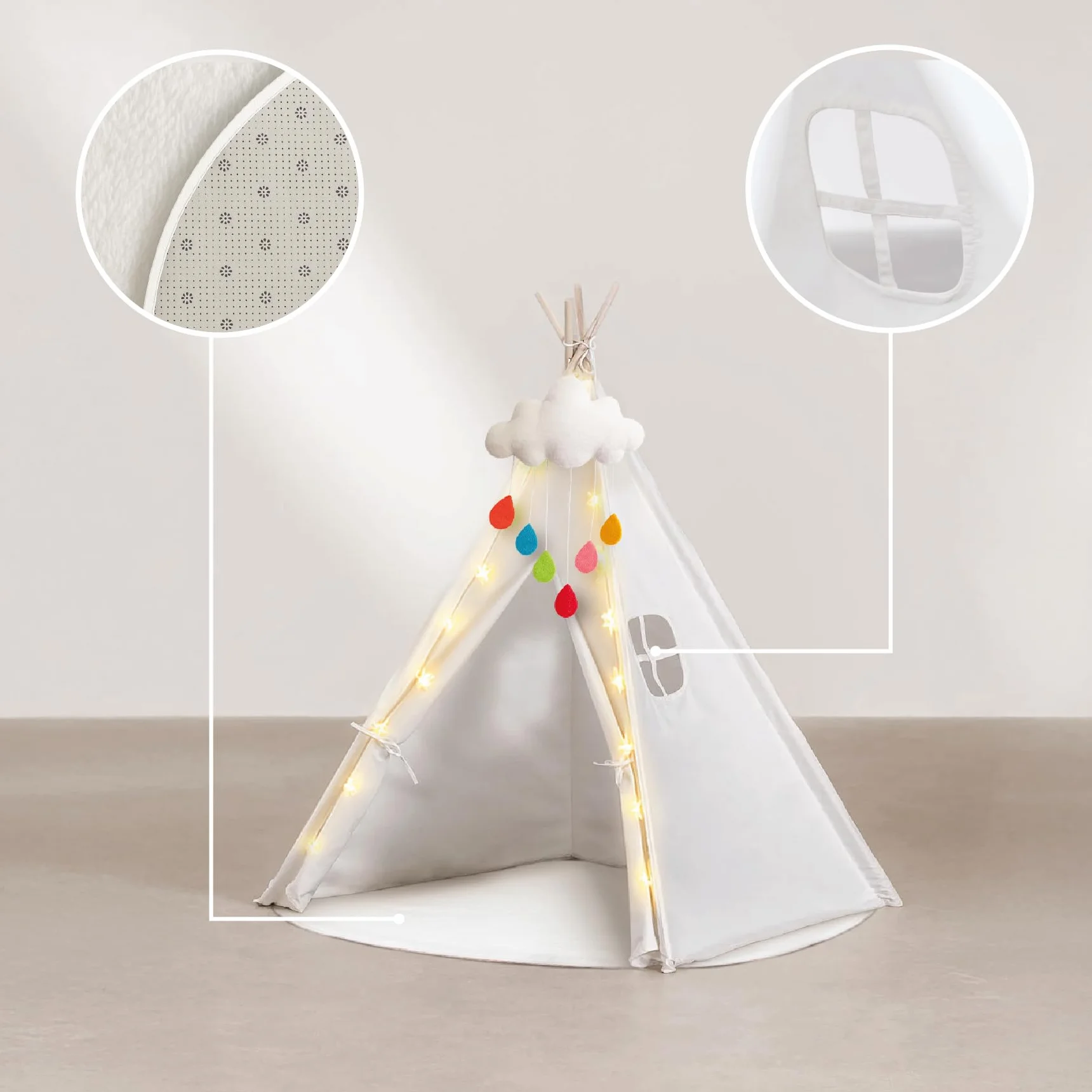 Buddy Baby Tienda Tipi 18 Meses Luces Decorativas Estrellas 3m Alfombra Antideslizante Peluche Nube Montaje sin Herramientas Anti-colapso Ventana Lateral