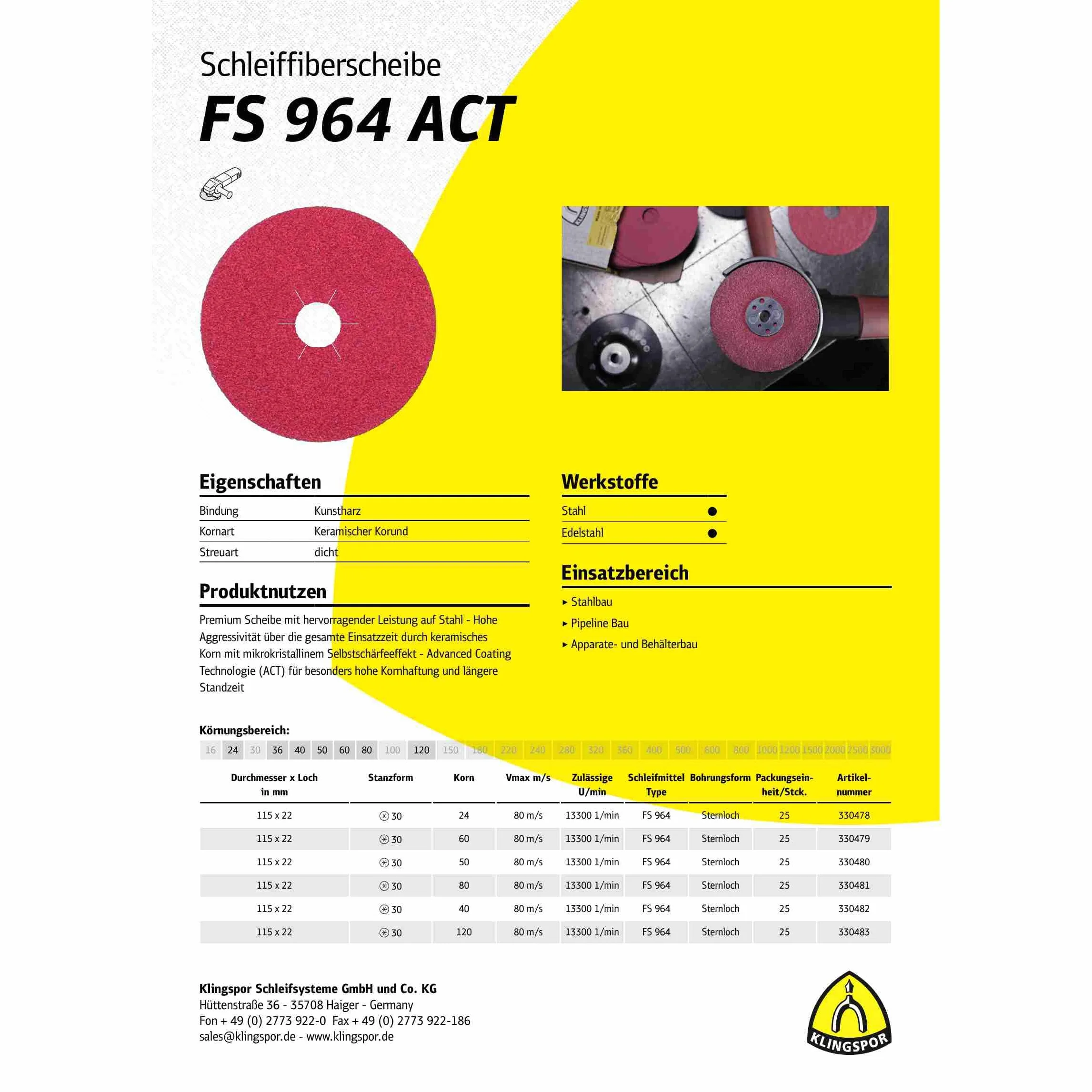 FS 964 - Discos de fibra de cerámica (25 unidades, 180 x 22 mm, grano 36, agujero estrellado, art.: 330492)