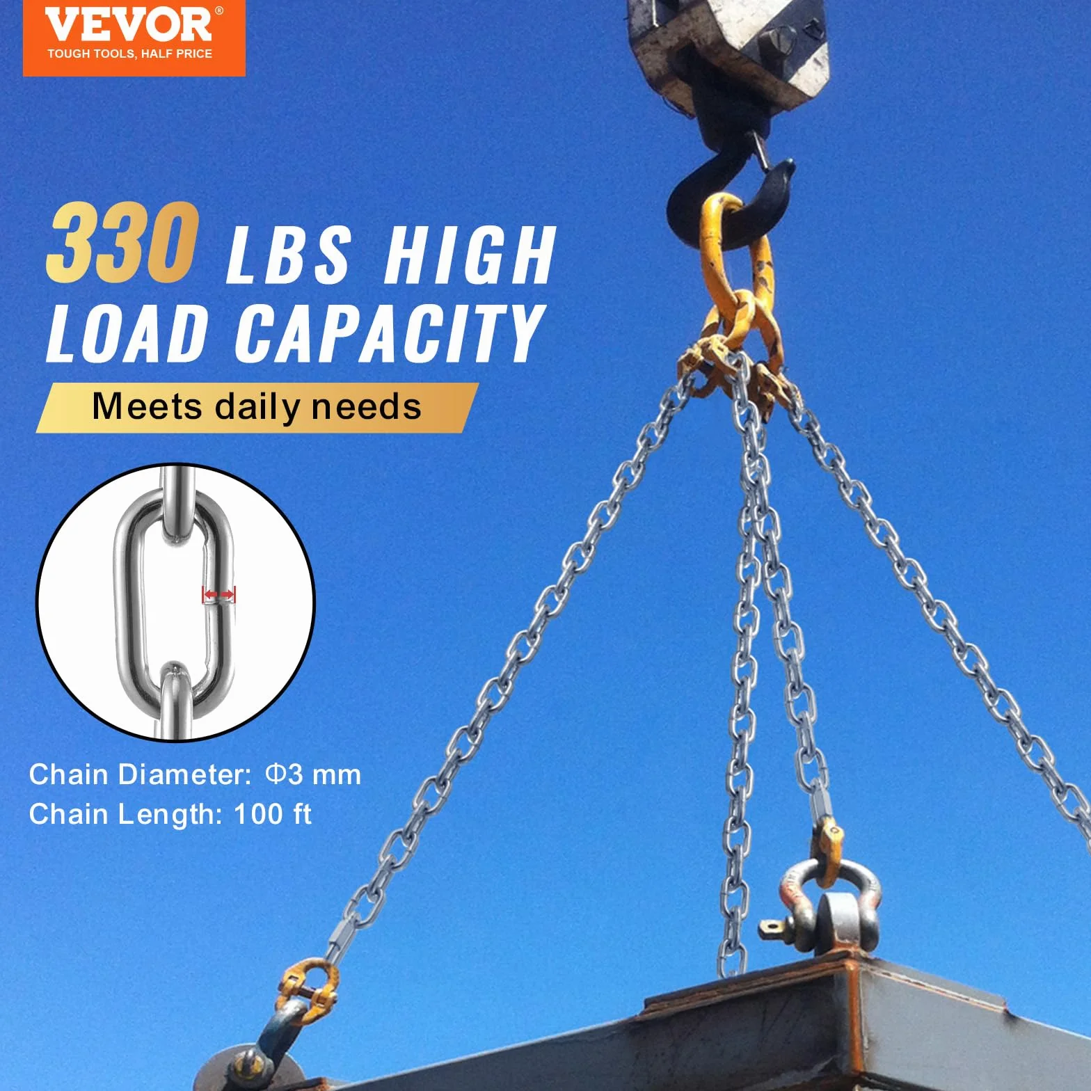 VEVOR Cadena de Eslabones de Acero al Carbono Galvanizado 3mm x 30,48m Cadena Helicoidal de Servicio Pesado Capacidad de Carga de 149 kg Dos Conectores Rápidos Cadena para Remolcar, Colgar, Acampar