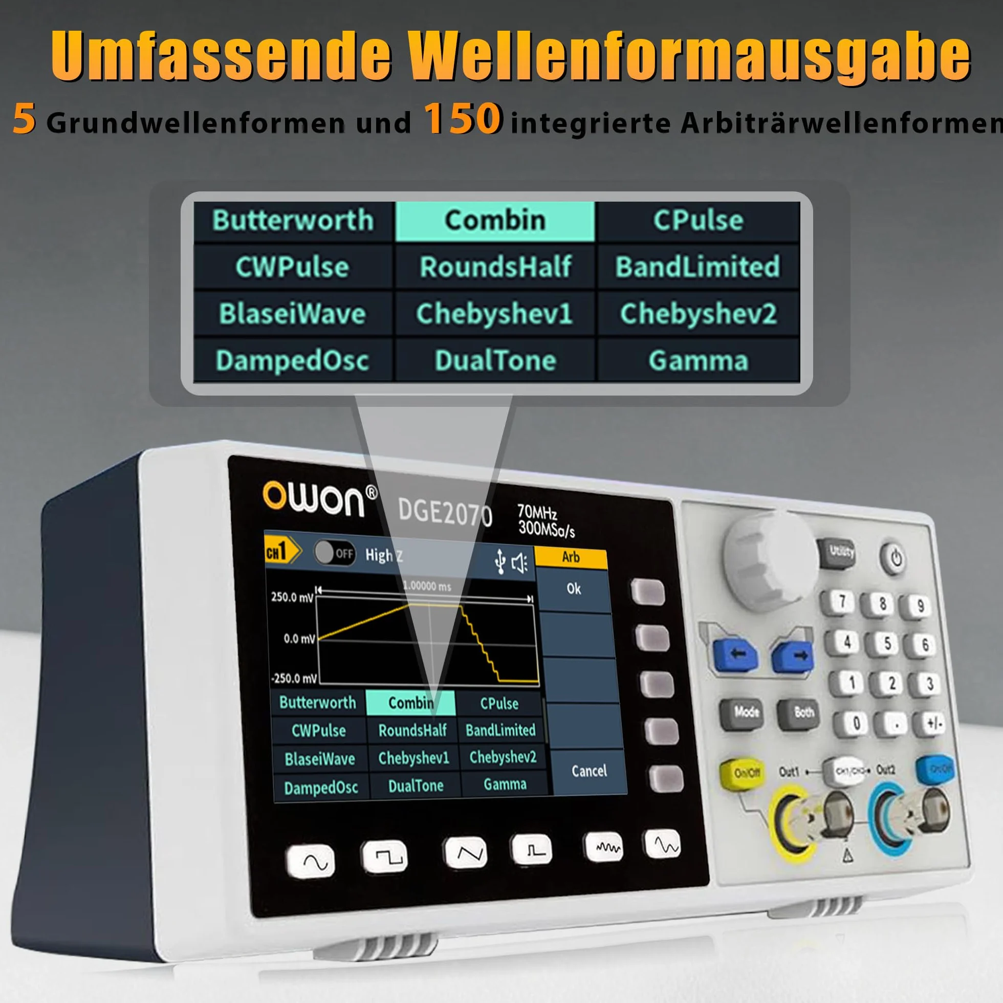 OWON DGE2070 - Generador de funciones de 2 canales para medición, pruebas y desarrollo, 70 MHz, 300 MSa/s, 14 bits, SCPI y control de PC