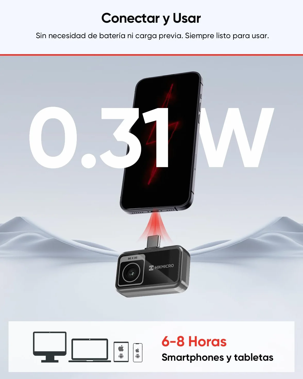 Cámara térmica HIKMICRO MiniE - iOS/Android, Mejora de imagen SuperIR, 25Hz, para móvil/tableta, USB-C/Lightning (compatible con iPhone 15/16)