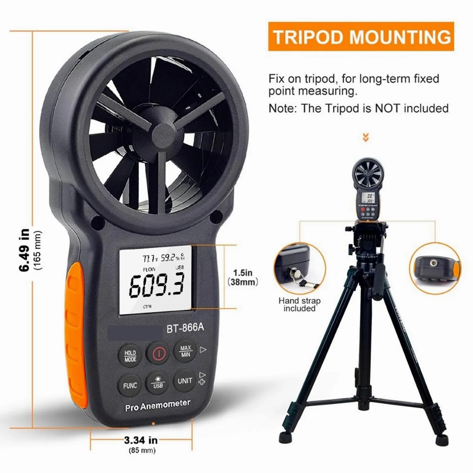 Anemómetro Digital de BT-866A, medidor CFM portátil con conexión USB, medidor de flujo de aire, medida de temperatura del viento/velocidad, sensación térmica CFM