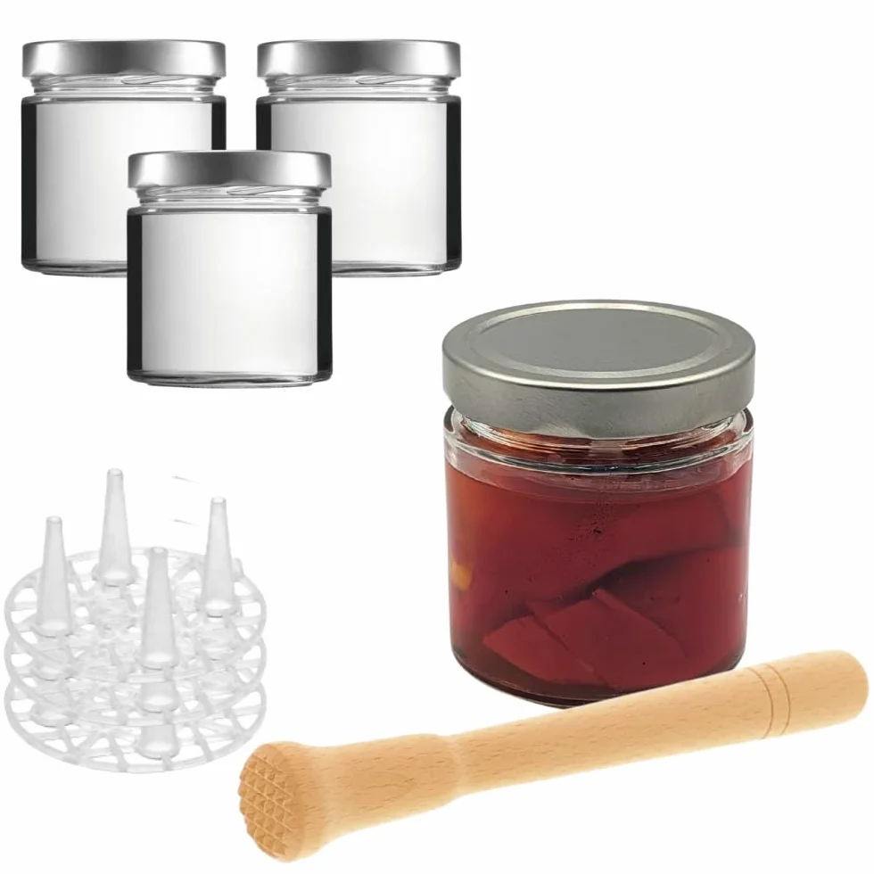 Juego de iniciación para fermentación 4 vasos 410 ml con tapa Blueseal, rejilla y apisonador de madera