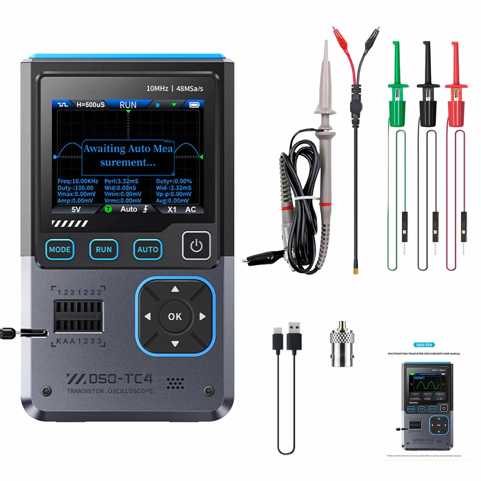 DEWIN DSO-TC4 Osciloscopio digital, 3 en 1 Osciloscopio portatil/Probador de transistores/Generador de señales,Ancho de banda de 10 MHz, frecuencia de muestreo de 48 MSa/s, protección anti-quemaduras