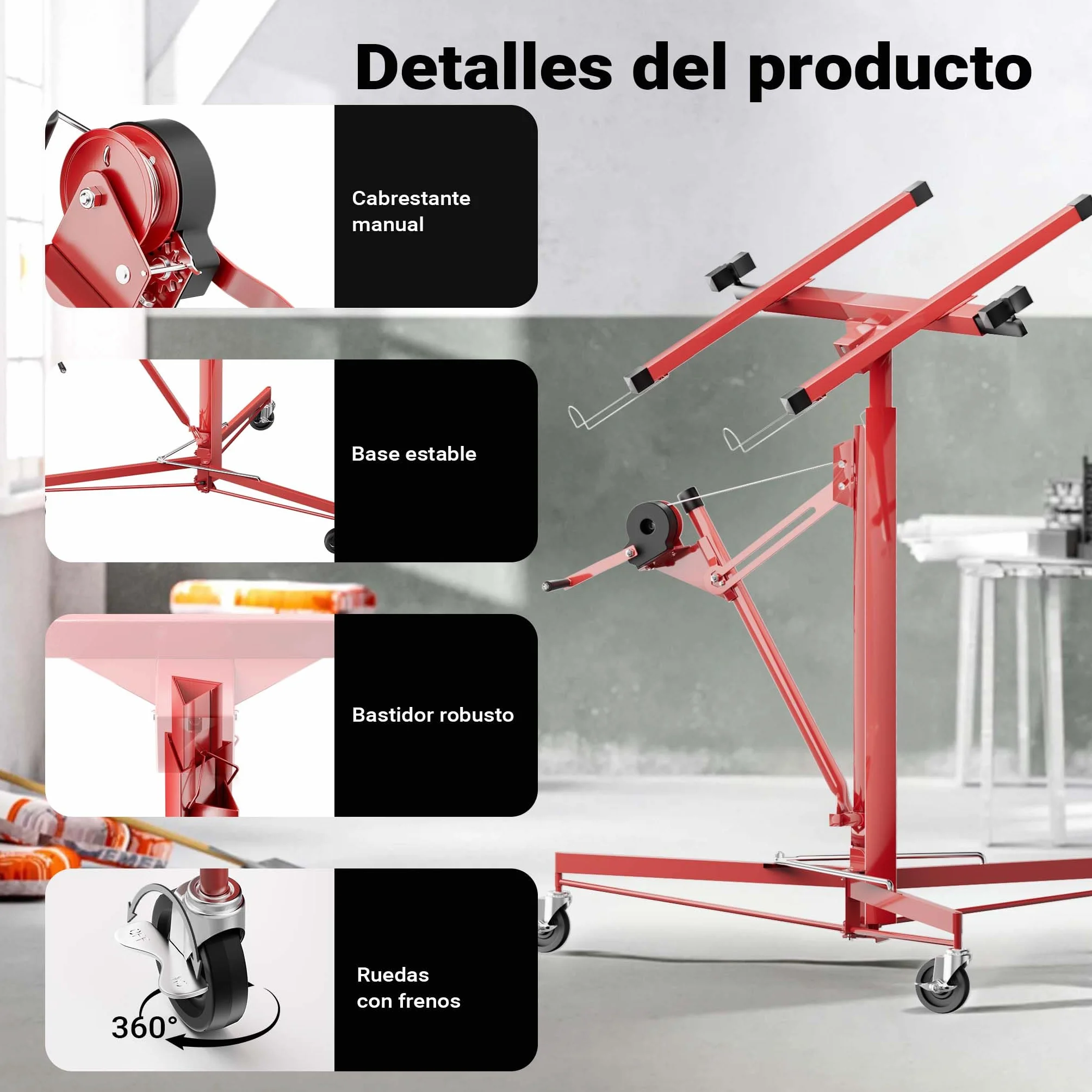 Wiltec Elevador de paneles de yeso XXL hasta máx. 68 kg, altura 140-350 cm, ancho máx. 2,90 m, ayuda de construcción en seco 3 ruedas con freno de posición manejo fácil por 1 persona