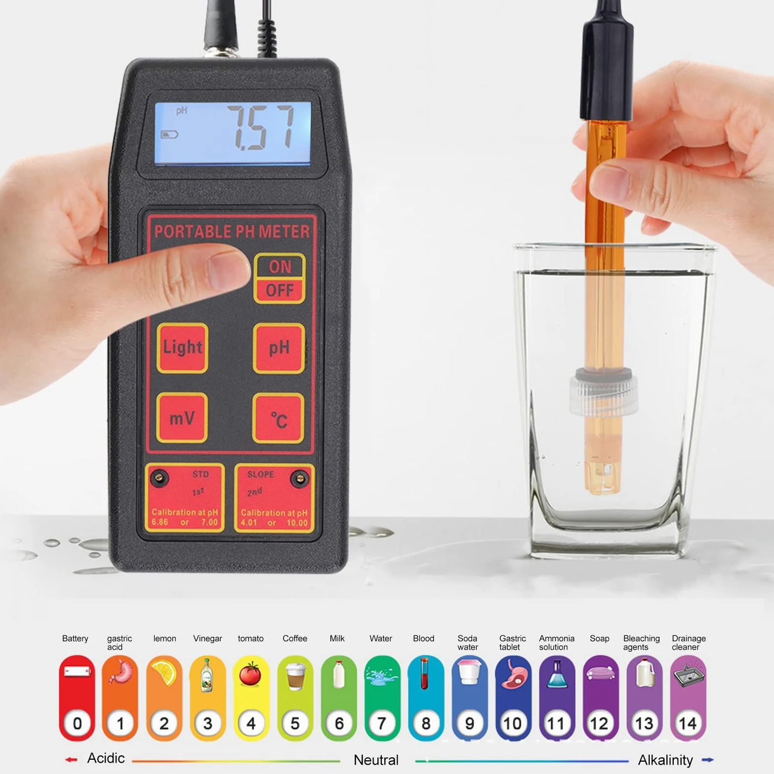 Yctze Probador de Calidad de 4 Dígitos con Pantalla Grande para Medición PH y Temperatura: Solución Prueba Precisa, Portátil y Versátil (Electrodo de PH ORP)